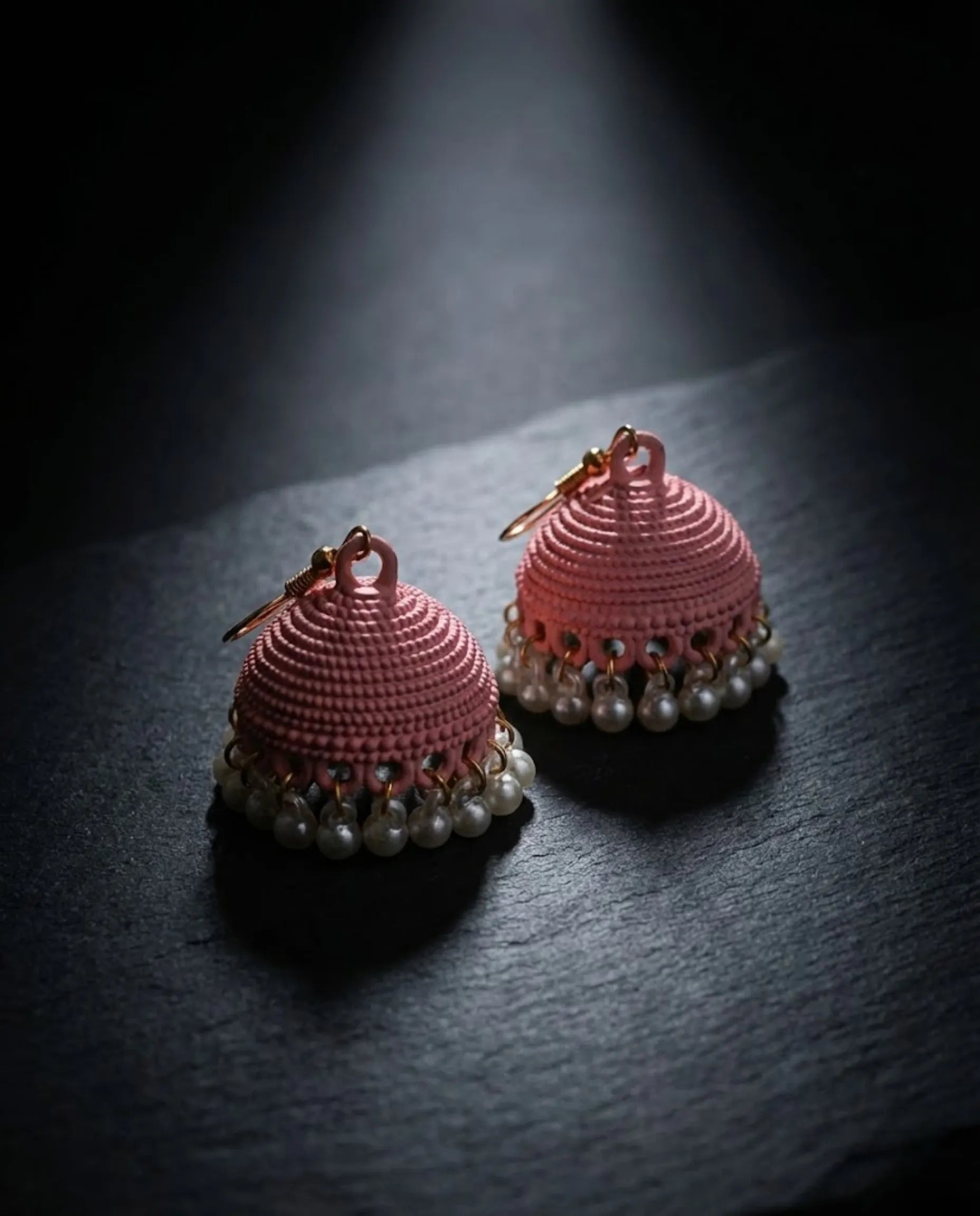 Orneza Blossom Pink Textured Jhumka Earrings with Pearls