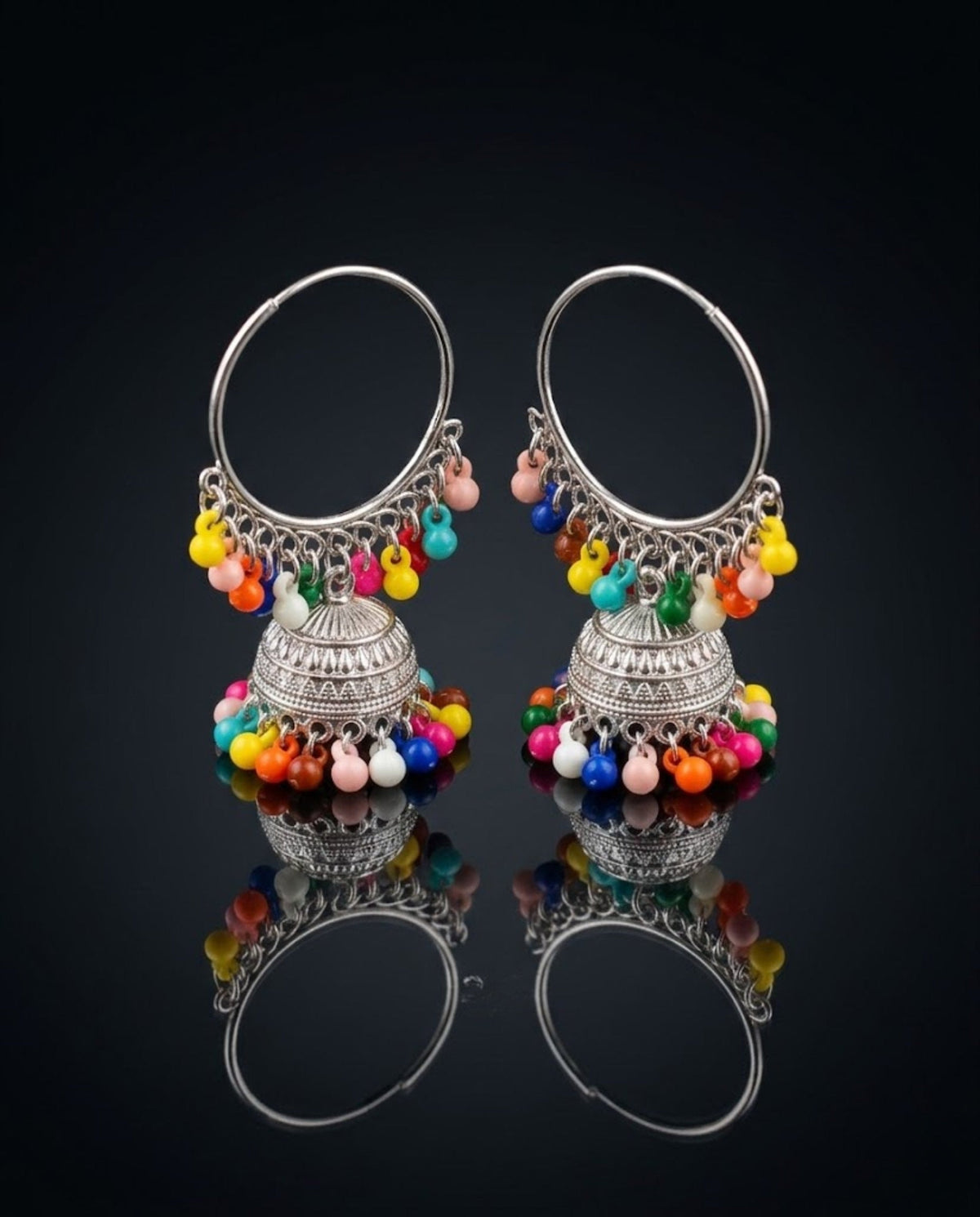 Orneza Silver Oxidized Hoop Jhumka Earrings with Beads