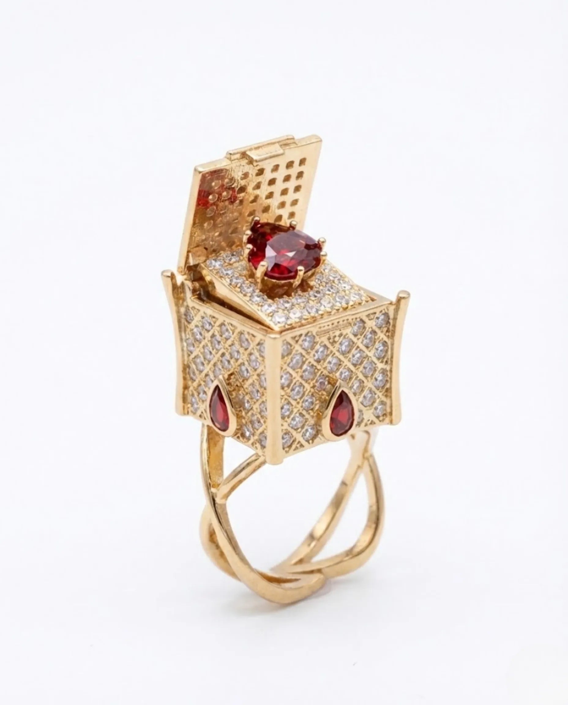 Orneza Royal Box Ring with Heart Ruby and Pavé Crystals