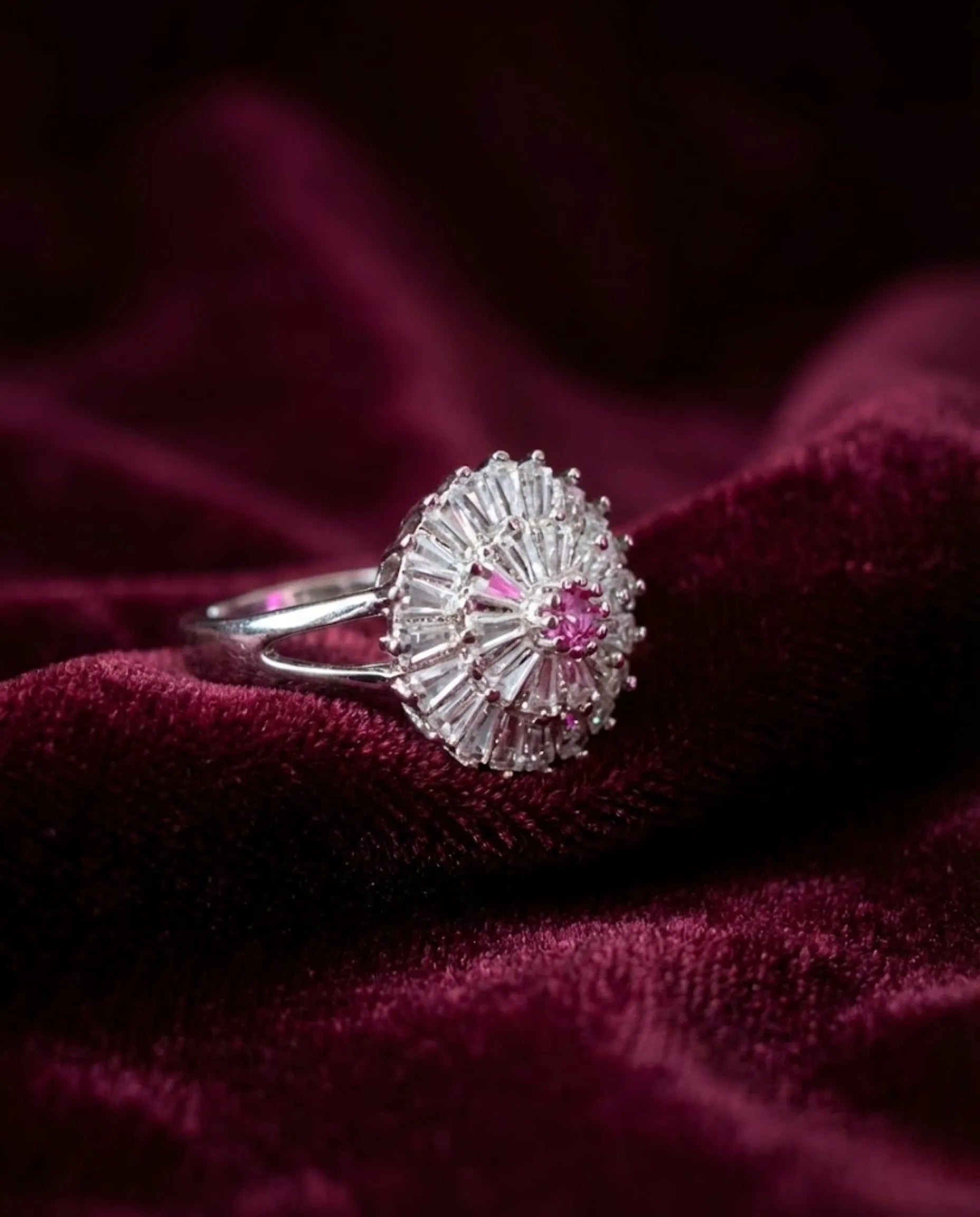 Orneza Rose Sunburst Baguette Crystal Silver Ring