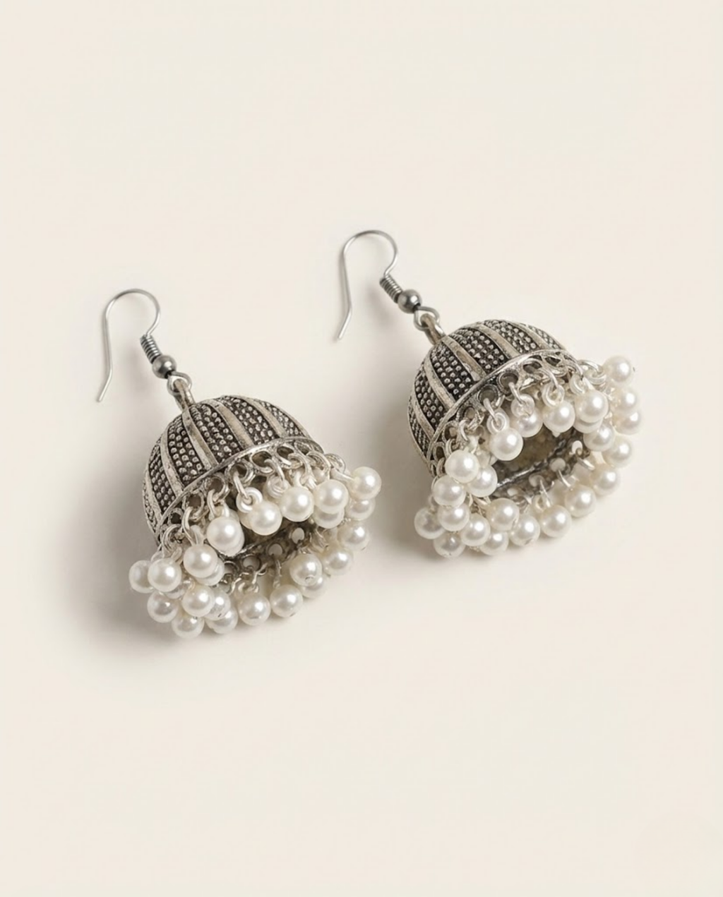 Antique Silver Pearl Jhumka Earrings by Orneza