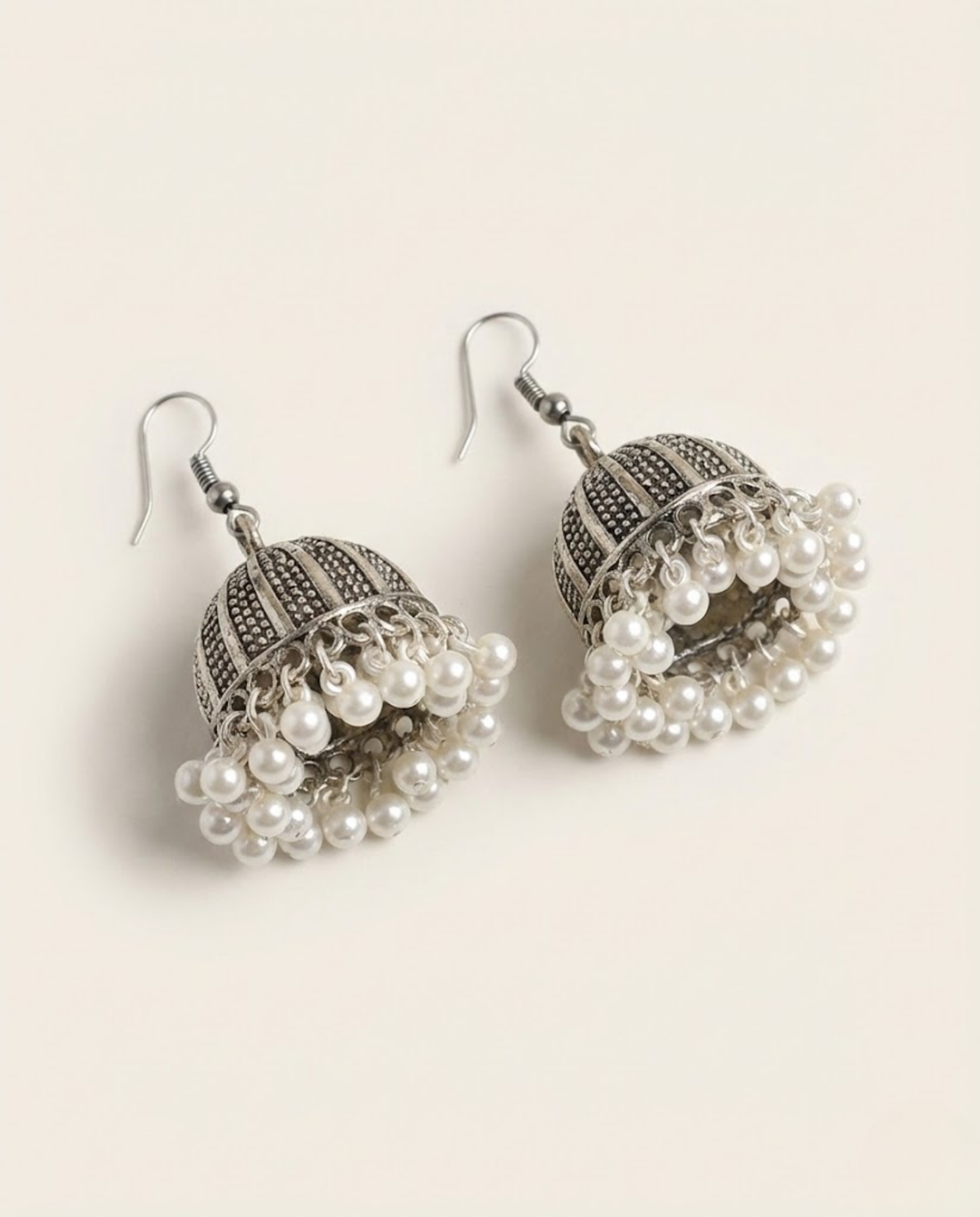 Antique Silver Pearl Jhumka Earrings by Orneza