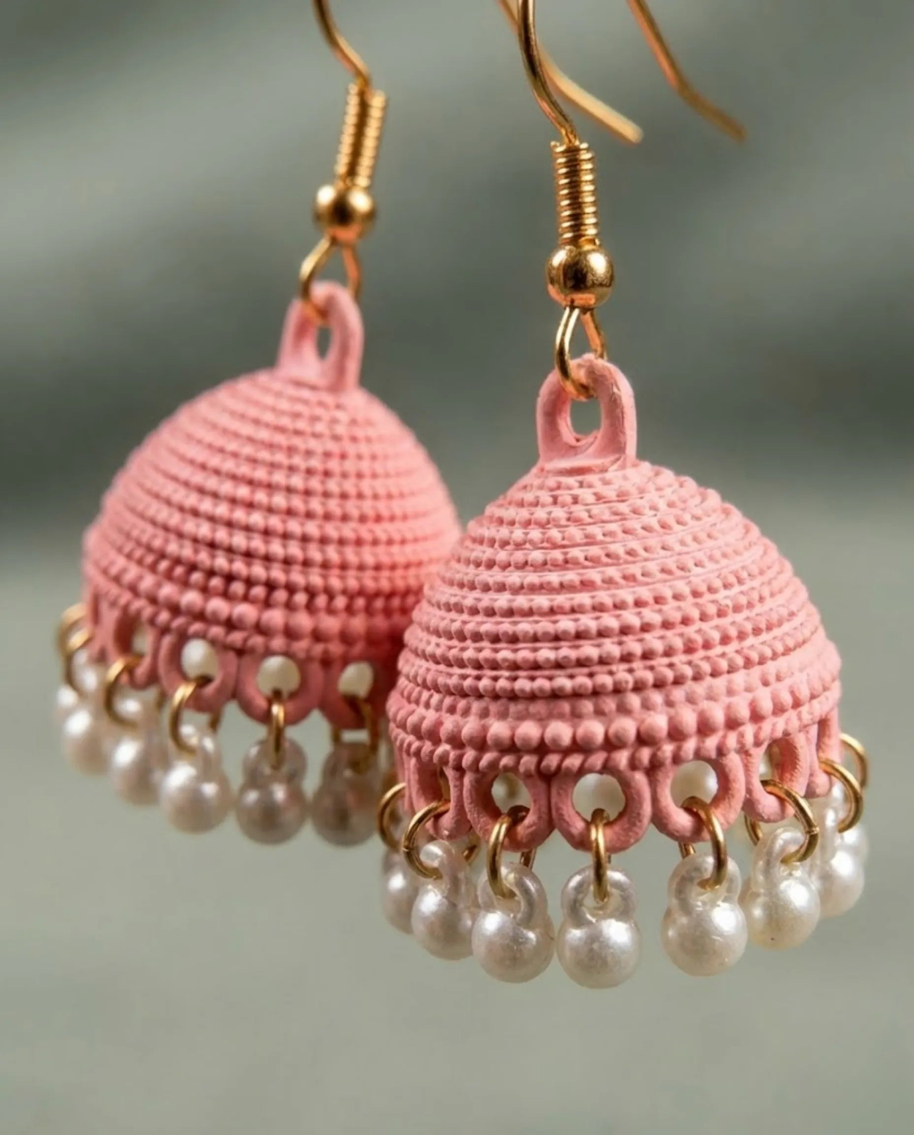 Orneza Blossom Pink Textured Jhumka Earrings with Pearls