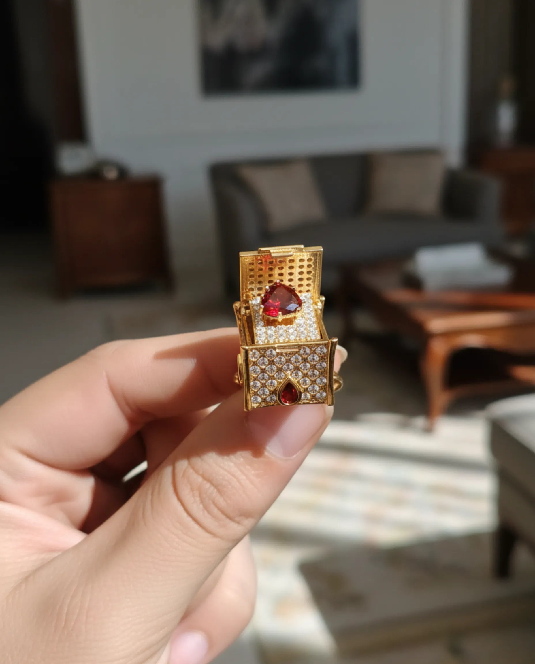 Orneza Royal Box Ring with Heart Ruby and Pavé Crystals