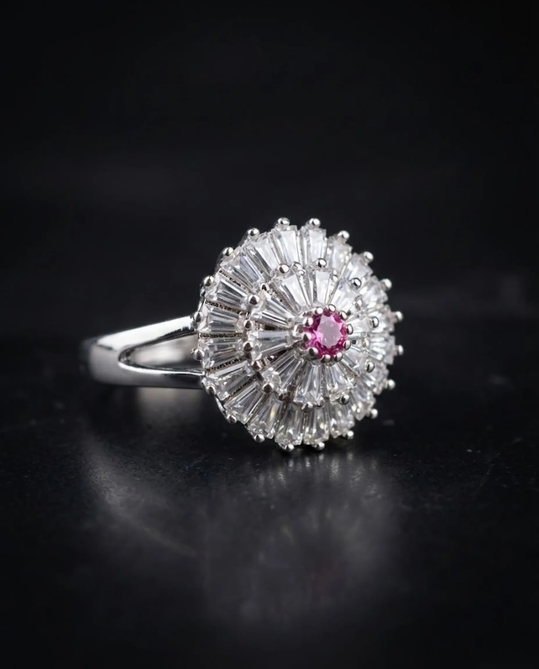 Orneza Rose Sunburst Baguette Crystal Silver Ring