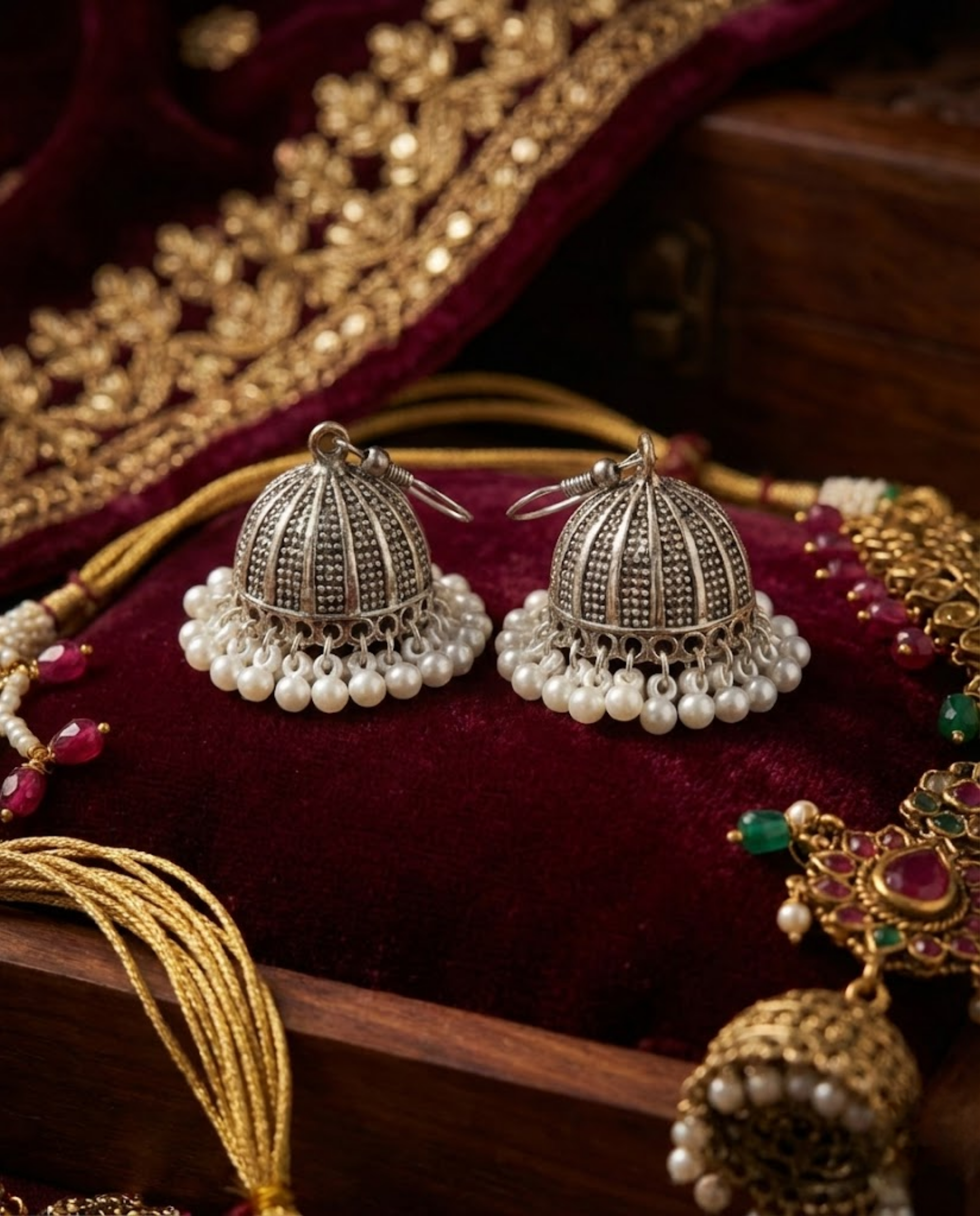 Antique Silver Pearl Jhumka Earrings by Orneza