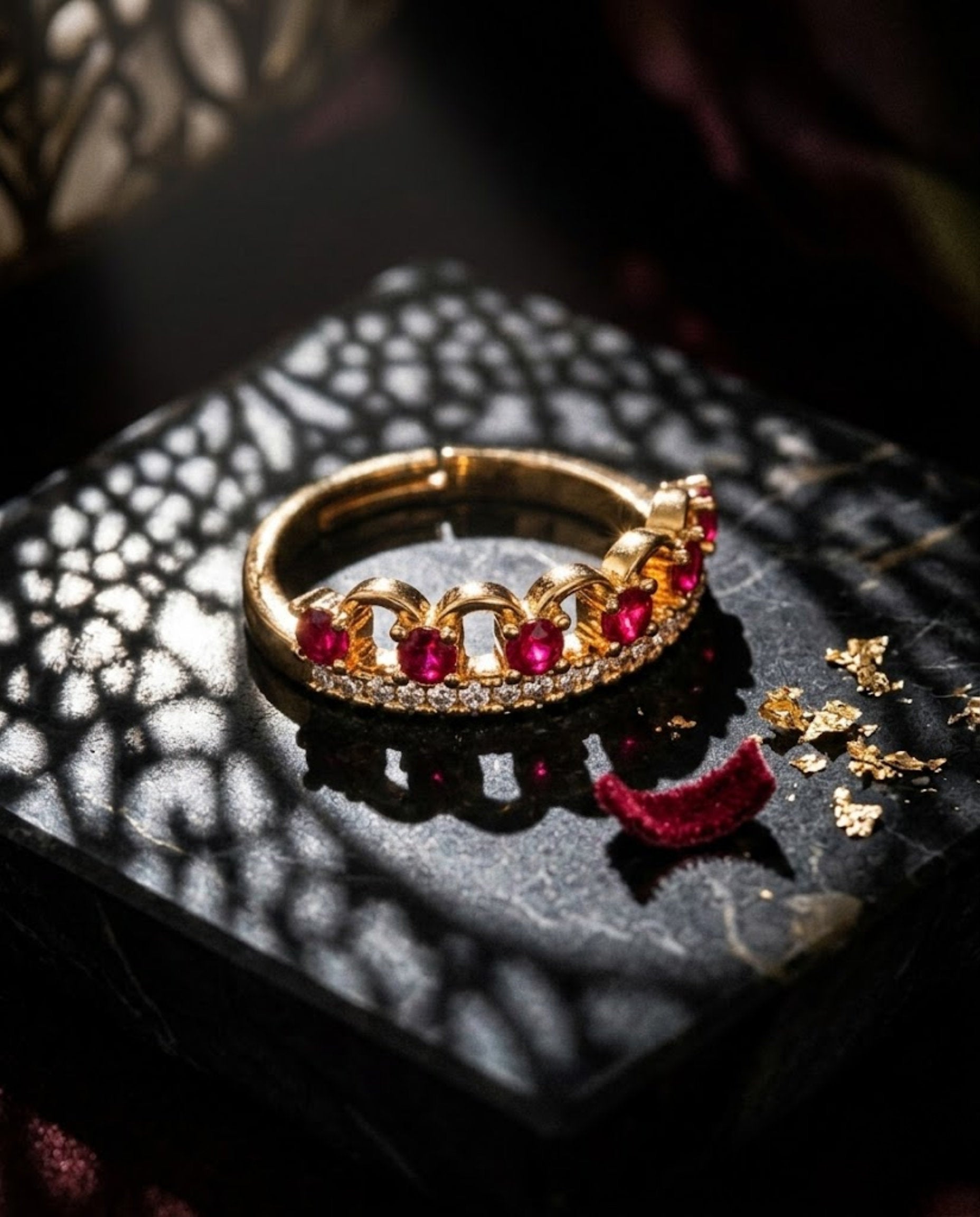 Orneza Gold Crown Adjustable Ring with Ruby Red Crystals