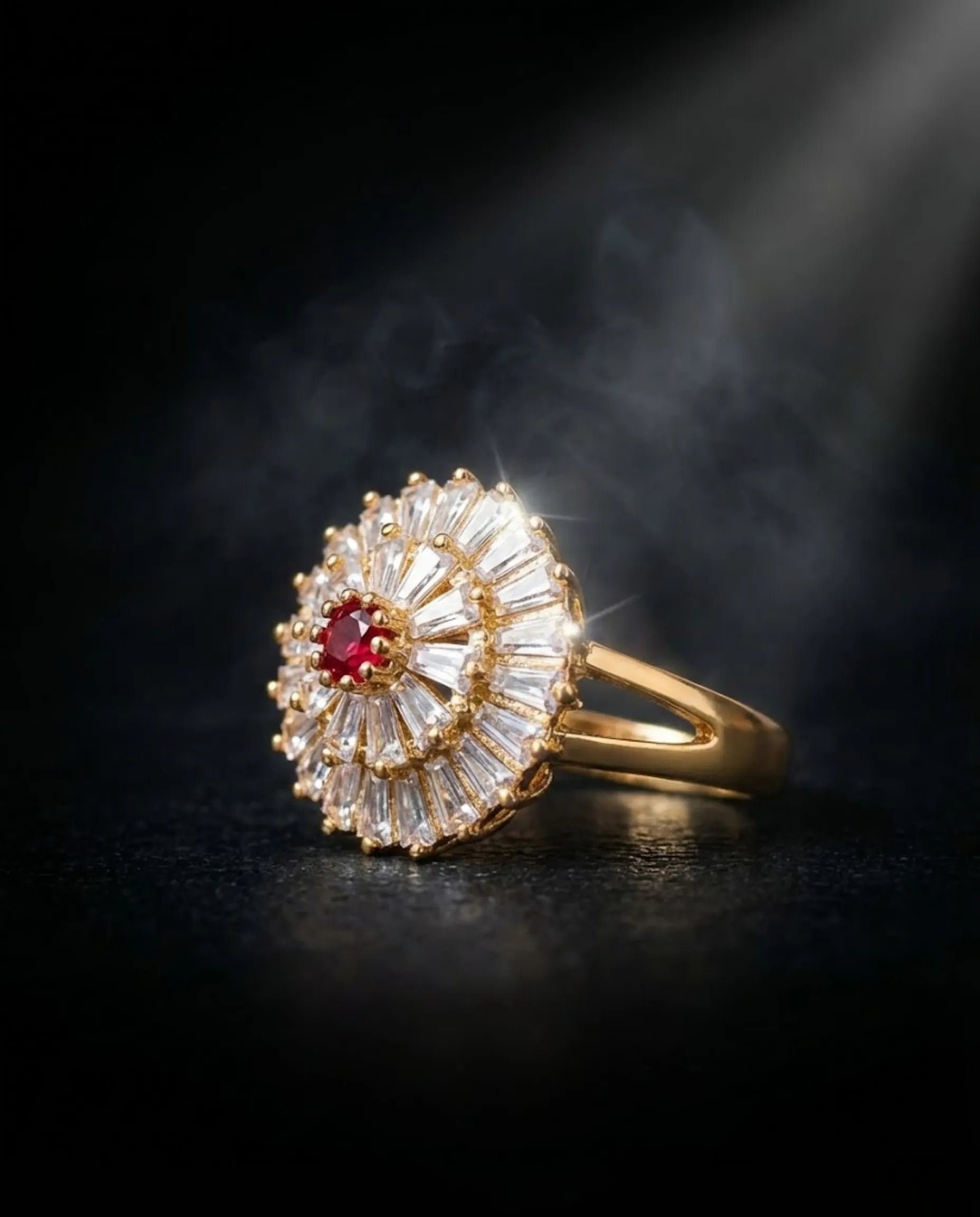 Orneza Empress Crimson Sunburst Baguette Halo Ring