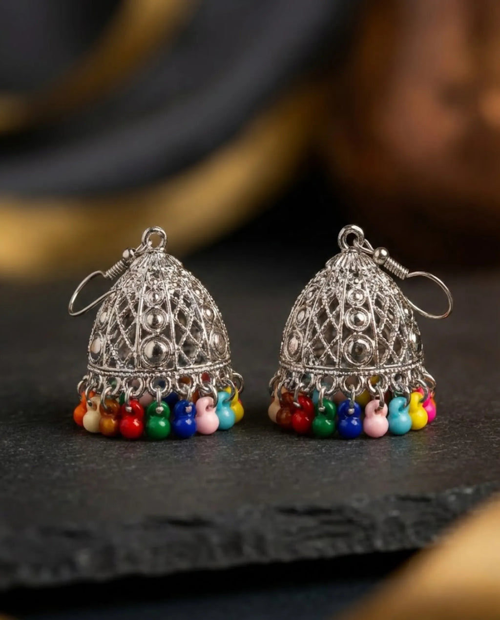 Orneza Silver Filigree Multi-Color Beaded Jhumka Earrings