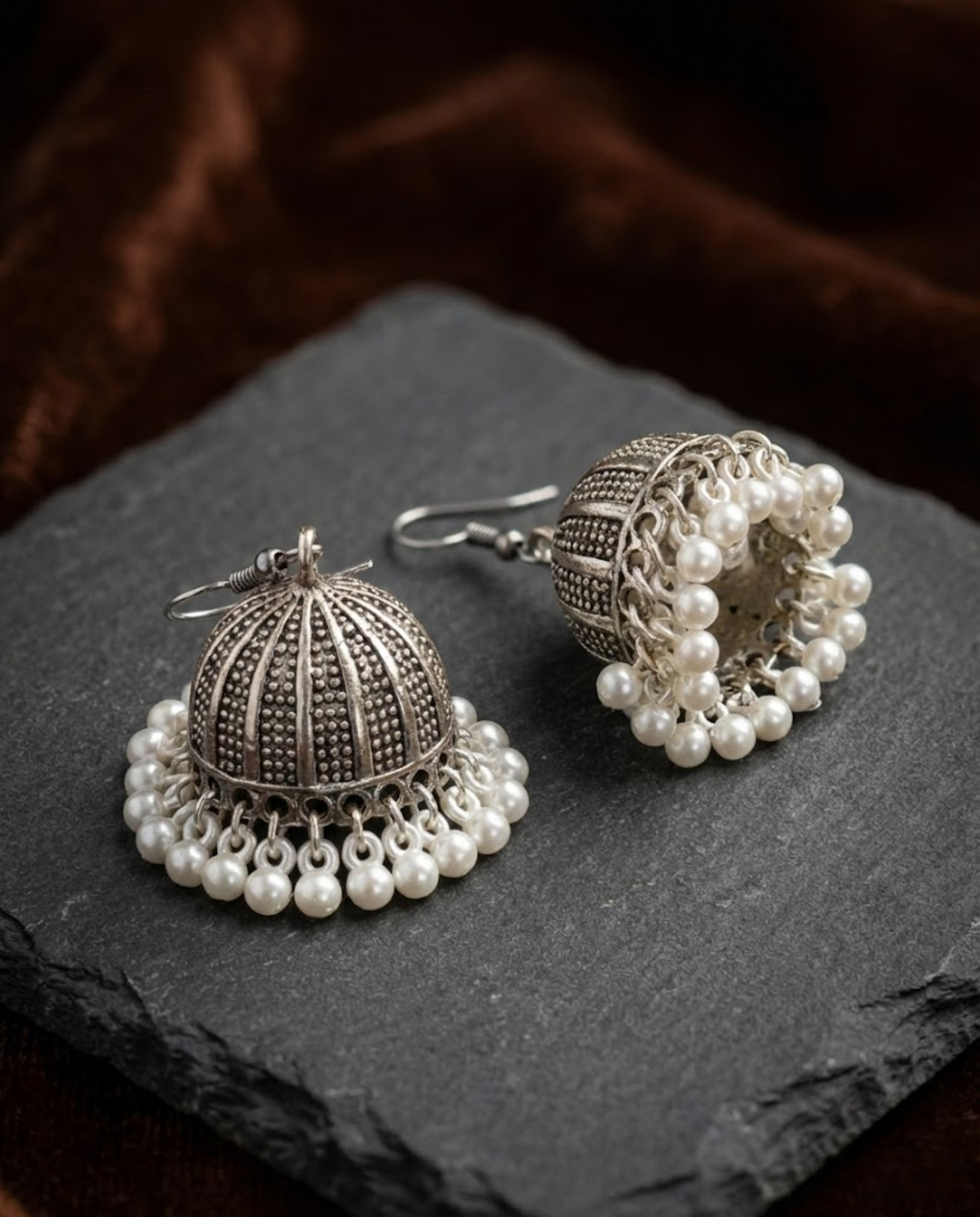 Antique Silver Pearl Jhumka Earrings by Orneza