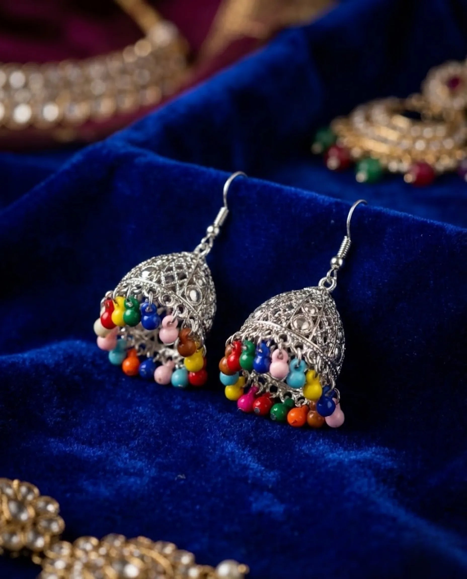 Orneza Silver Filigree Multi-Color Beaded Jhumka Earrings