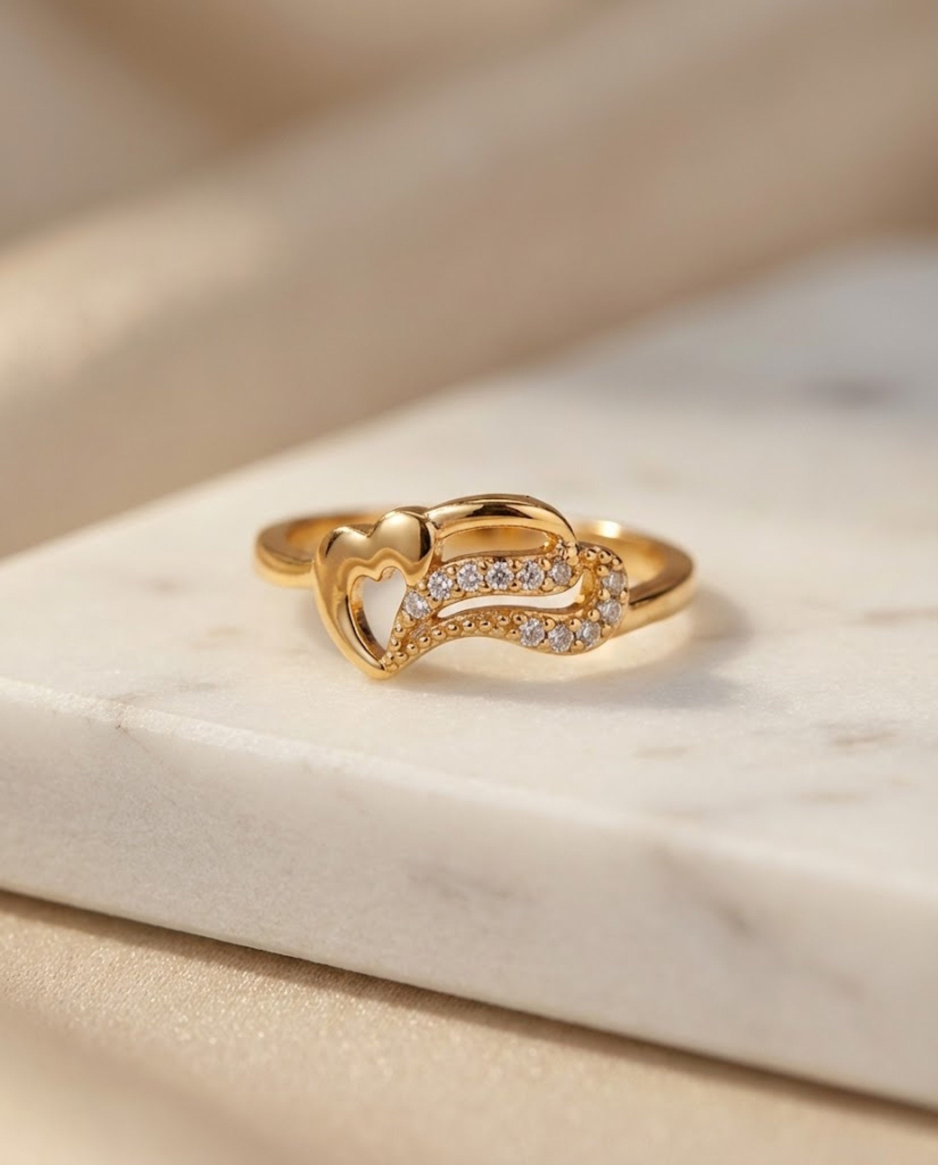 Orneza Gold Twin Heart Zirconia Statement Ring