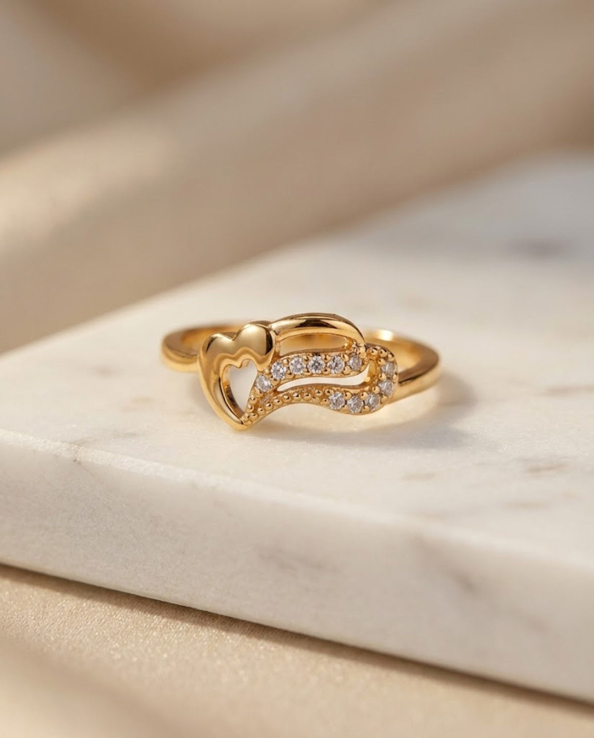 Orneza Gold Twin Heart Zirconia Statement Ring