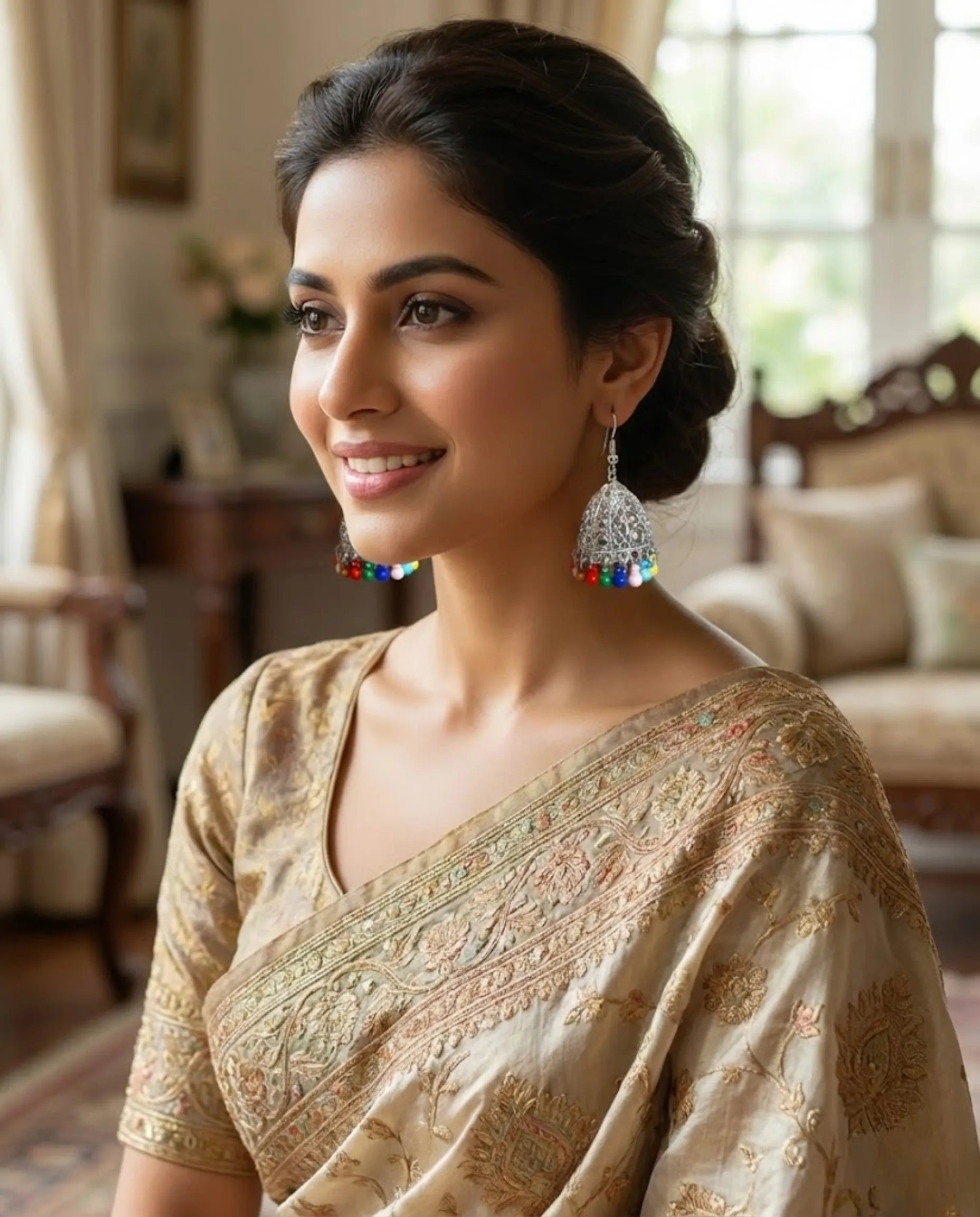 Orneza Silver Filigree Multi-Color Beaded Jhumka Earrings