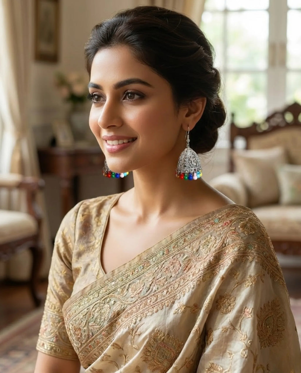 Orneza Silver Filigree Multi-Color Beaded Jhumka Earrings