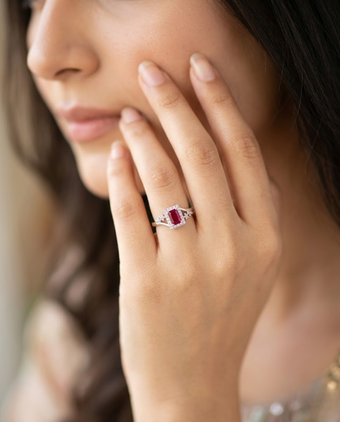 Orneza Ruby Red Zirconia Silver Halo Statement Ring