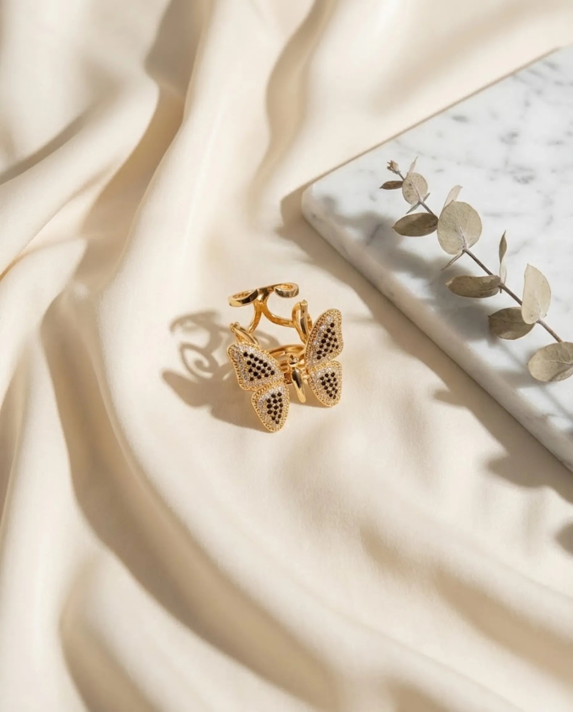 Orneza Monarch Gold Butterfly Ring with Black and Clear Stones