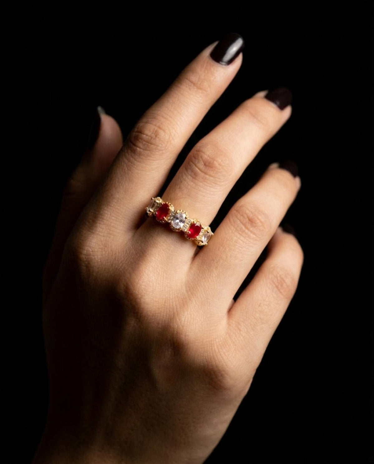 Orneza Ruby and Zirconia Gold Plated Adjustable Band Ring