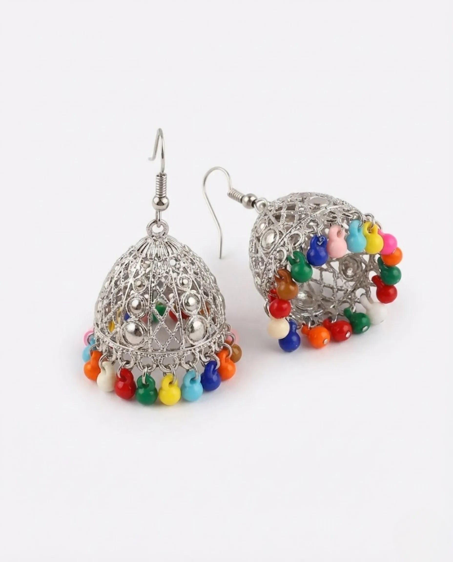 Orneza Silver Filigree Multi-Color Beaded Jhumka Earrings