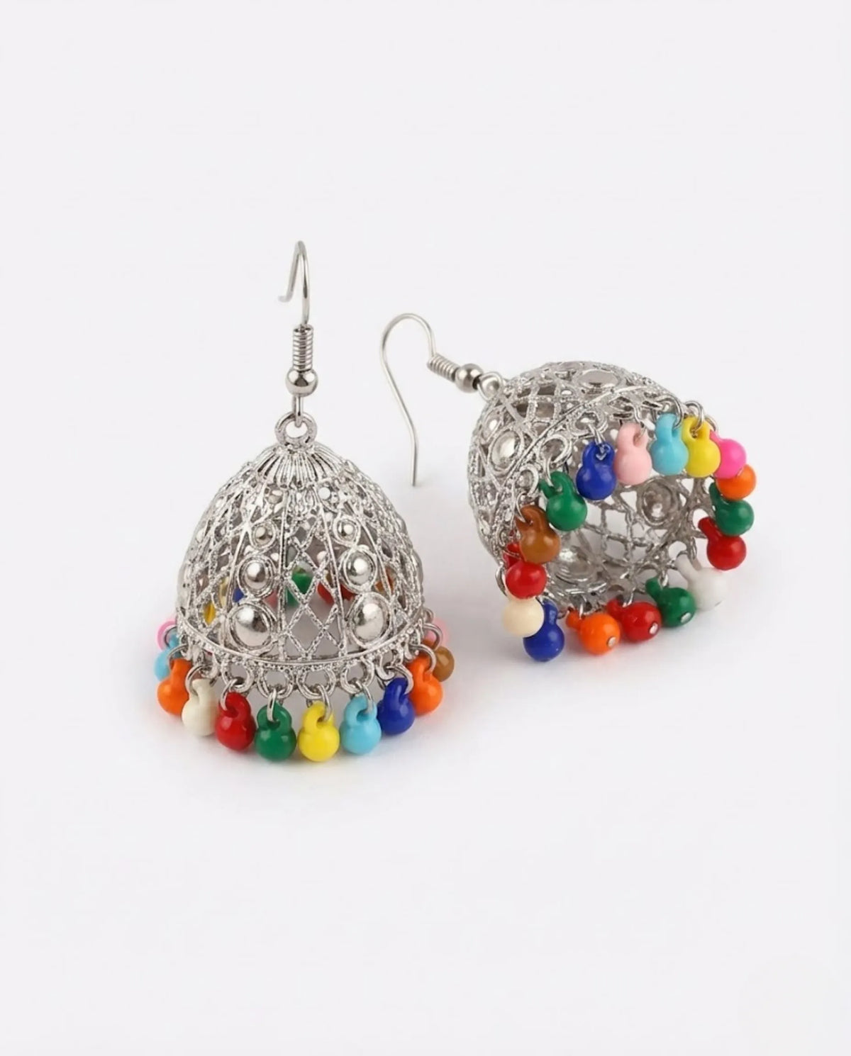 Orneza Silver Filigree Multi-Color Beaded Jhumka Earrings