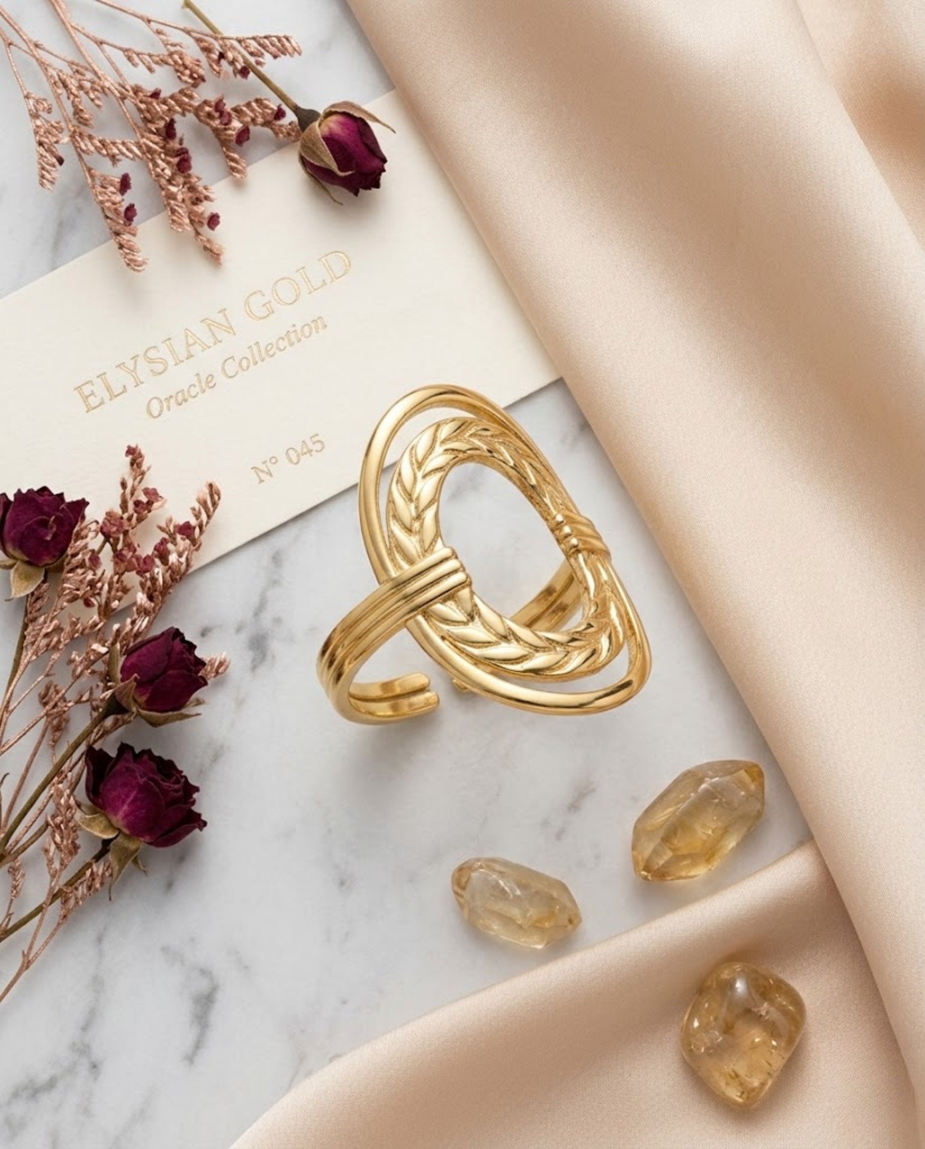 Orneza Laurel Leaf Gold Oval Statement Ring