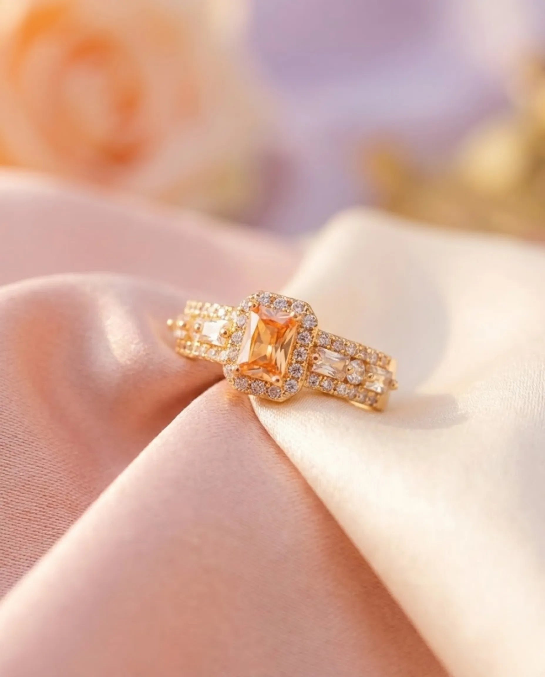 Orneza Citrine Glow Emerald Cut Gold Statement Ring