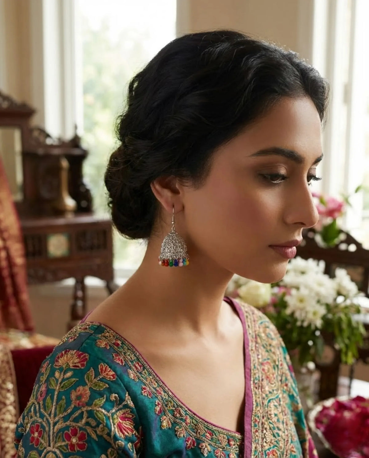 Orneza Silver Filigree Multi-Color Beaded Jhumka Earrings