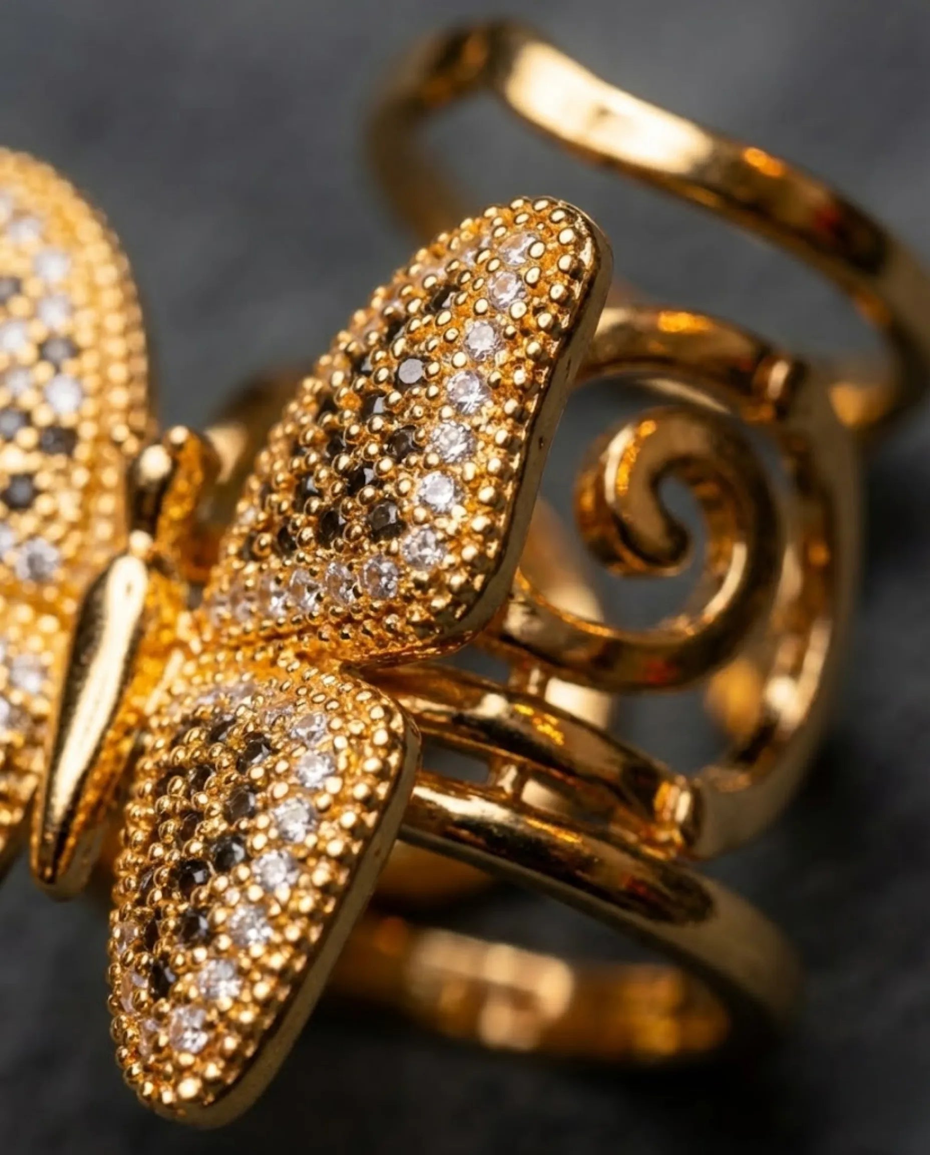 Orneza Monarch Gold Butterfly Ring with Black and Clear Stones