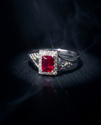 Orneza Ruby Red Zirconia Silver Halo Statement Ring