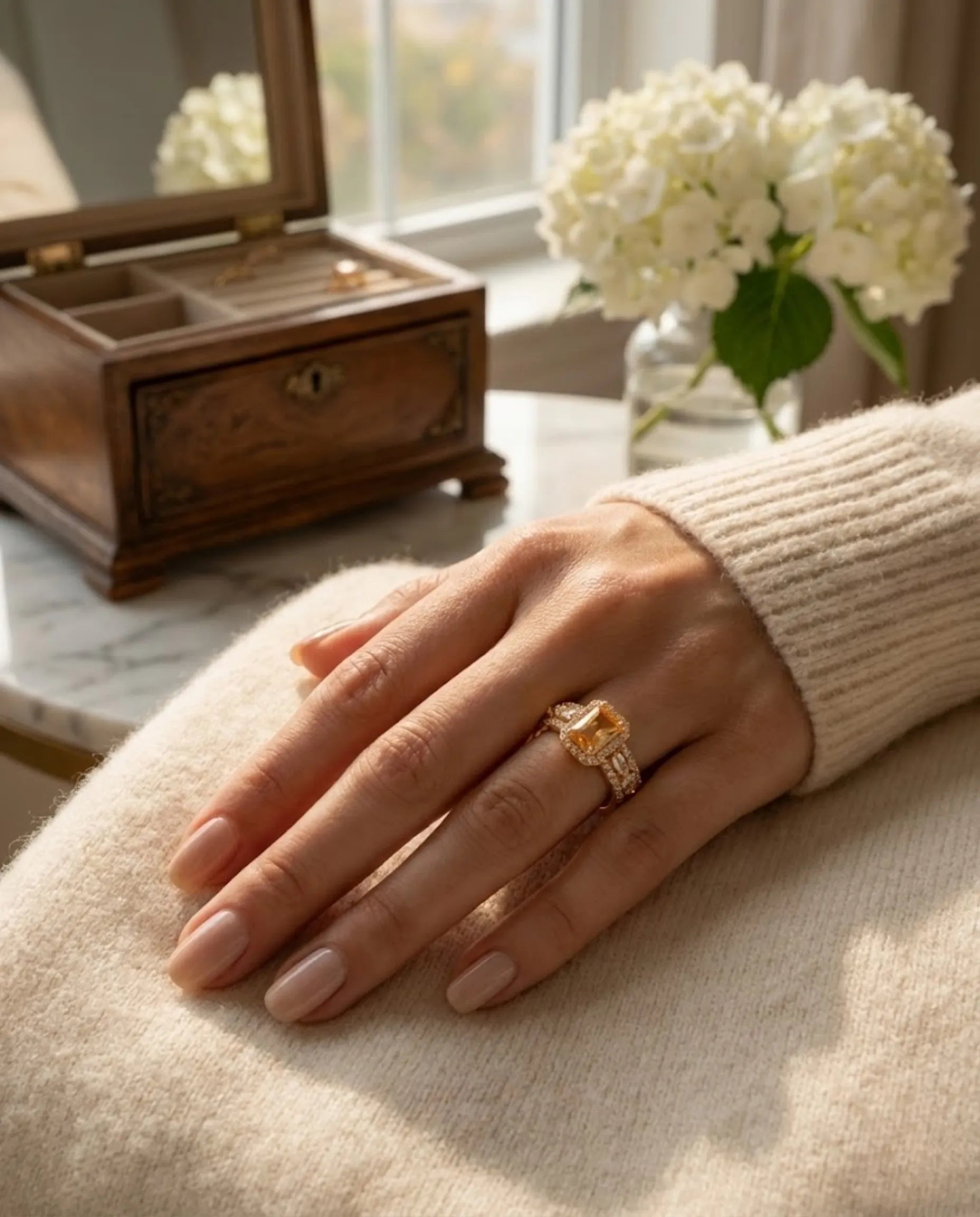 Orneza Citrine Glow Emerald Cut Gold Statement Ring