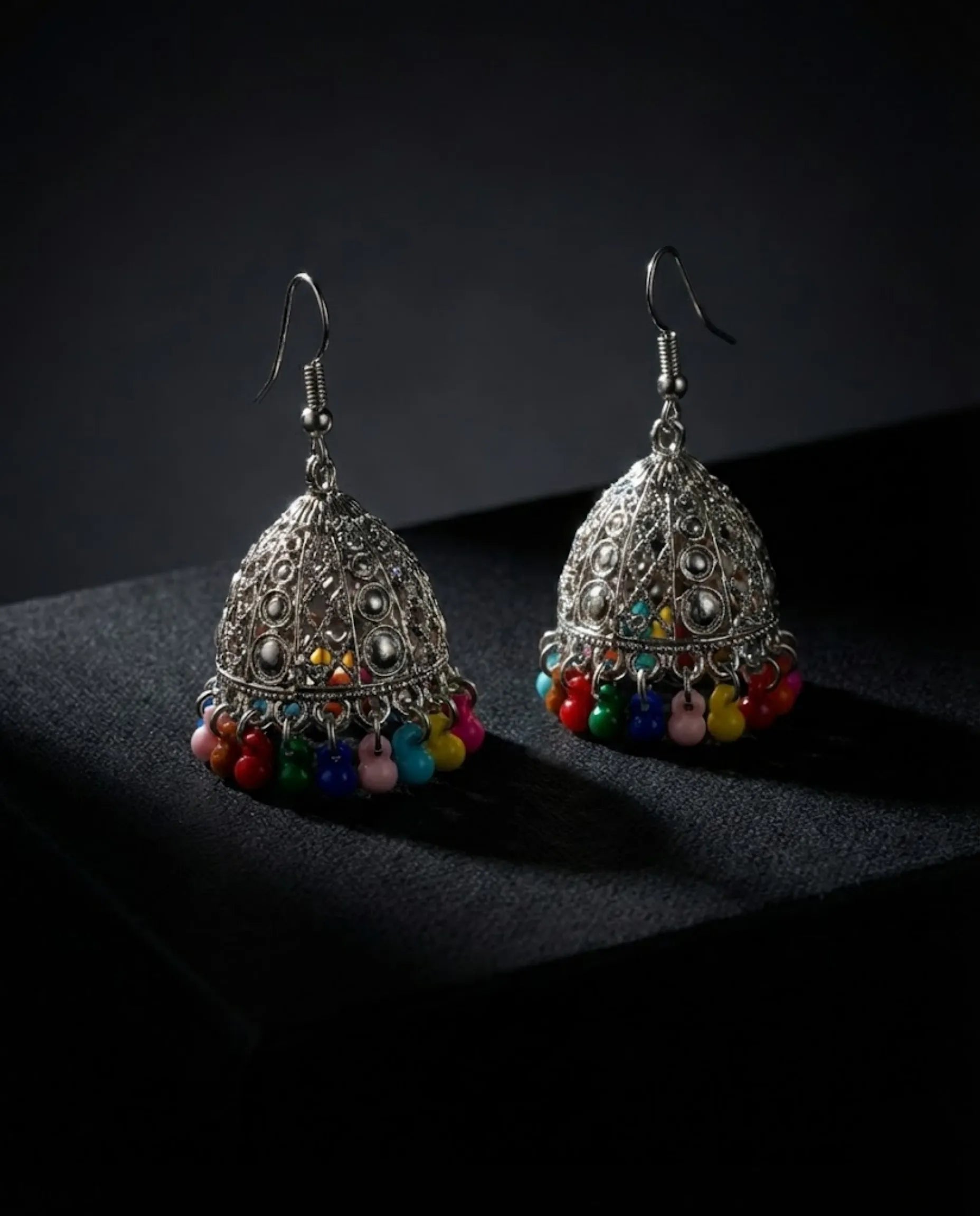 Orneza Silver Filigree Multi-Color Beaded Jhumka Earrings