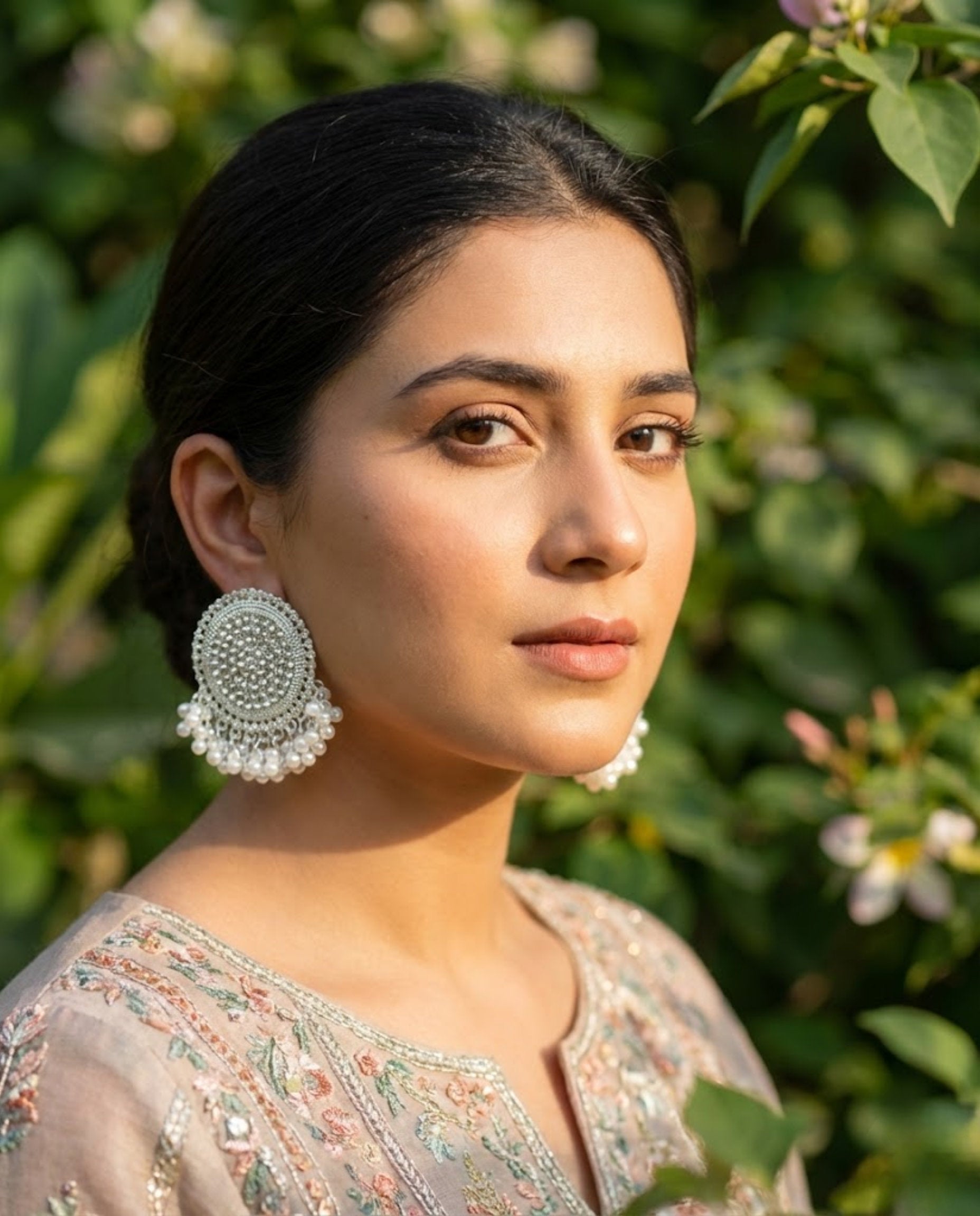 Silver Pearl Stud Earrings with Crystal Chandbali Detail