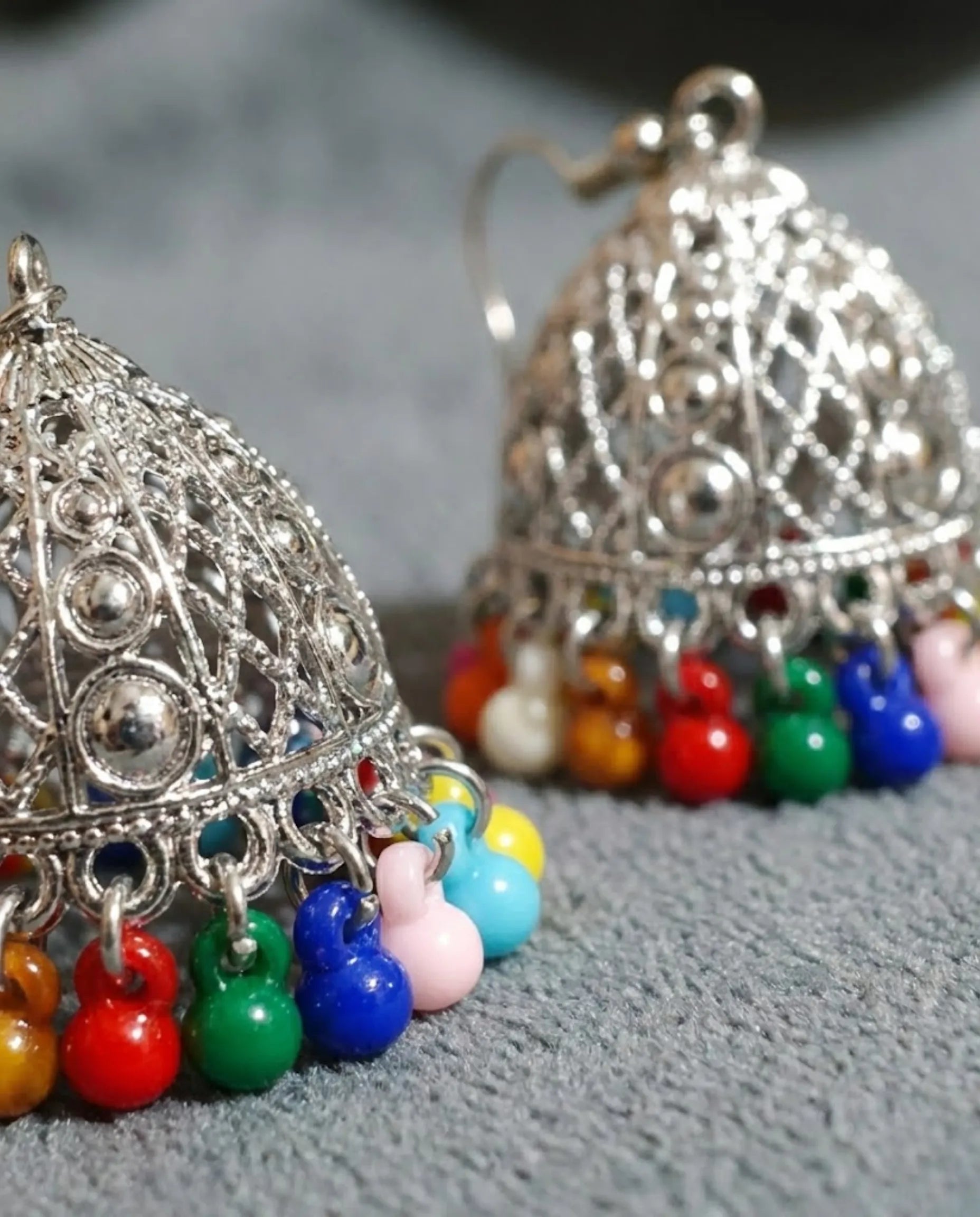 Orneza Silver Filigree Multi-Color Beaded Jhumka Earrings