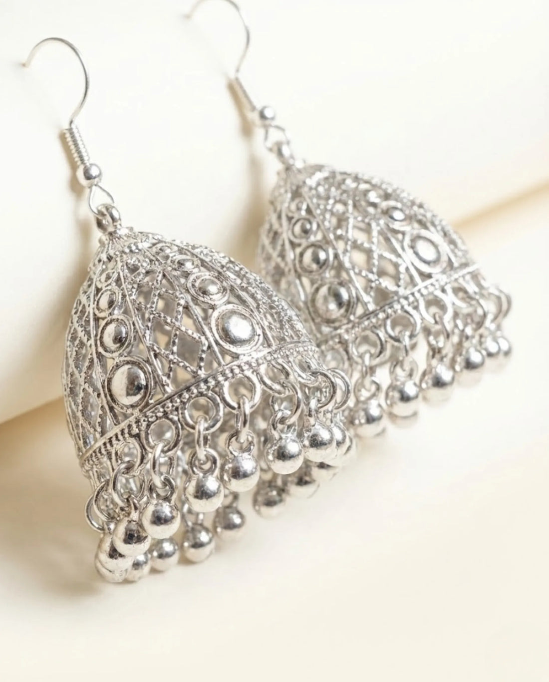 Antique Silver Filigree Jhumka Earrings by Orneza