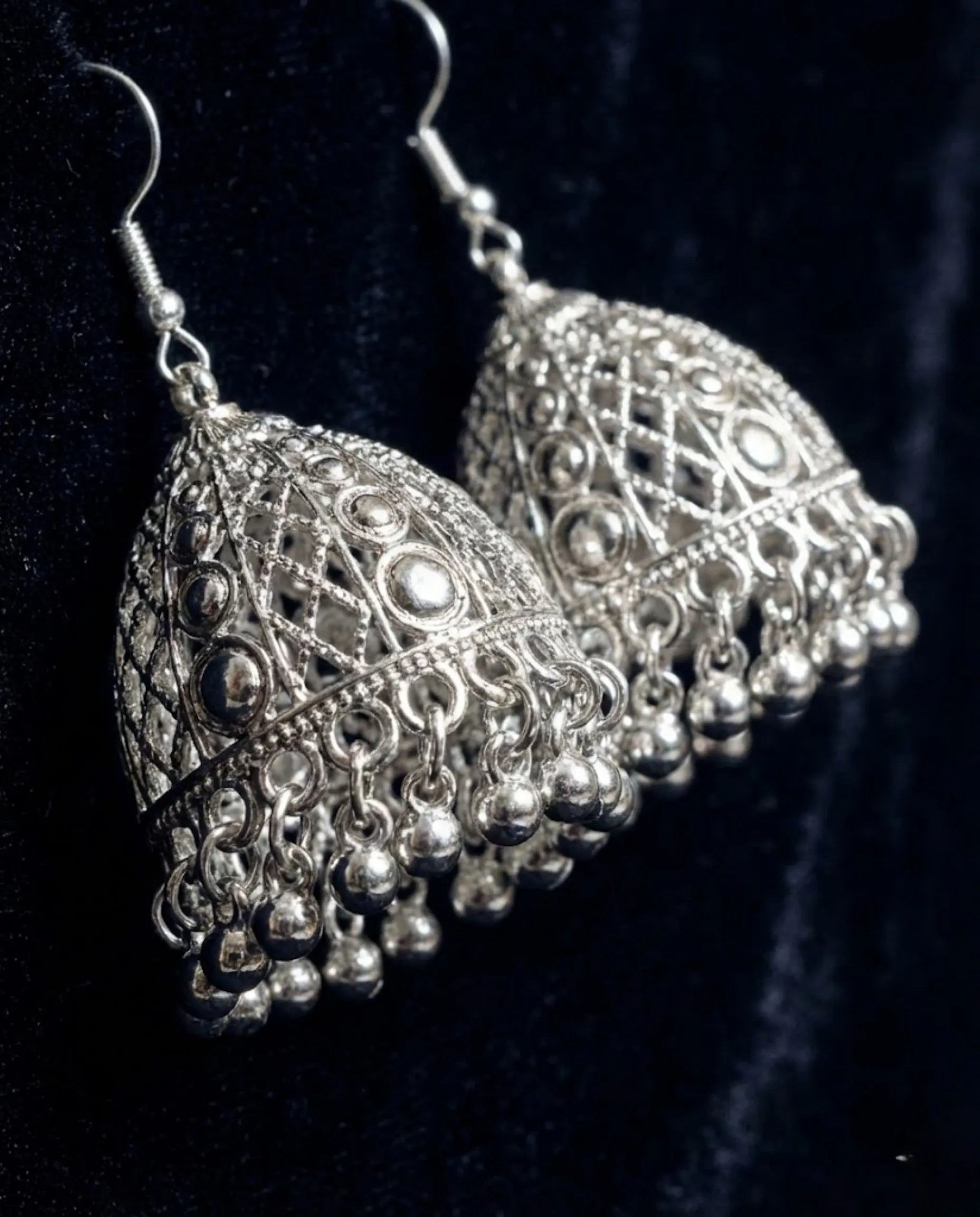 Antique Silver Filigree Jhumka Earrings by Orneza