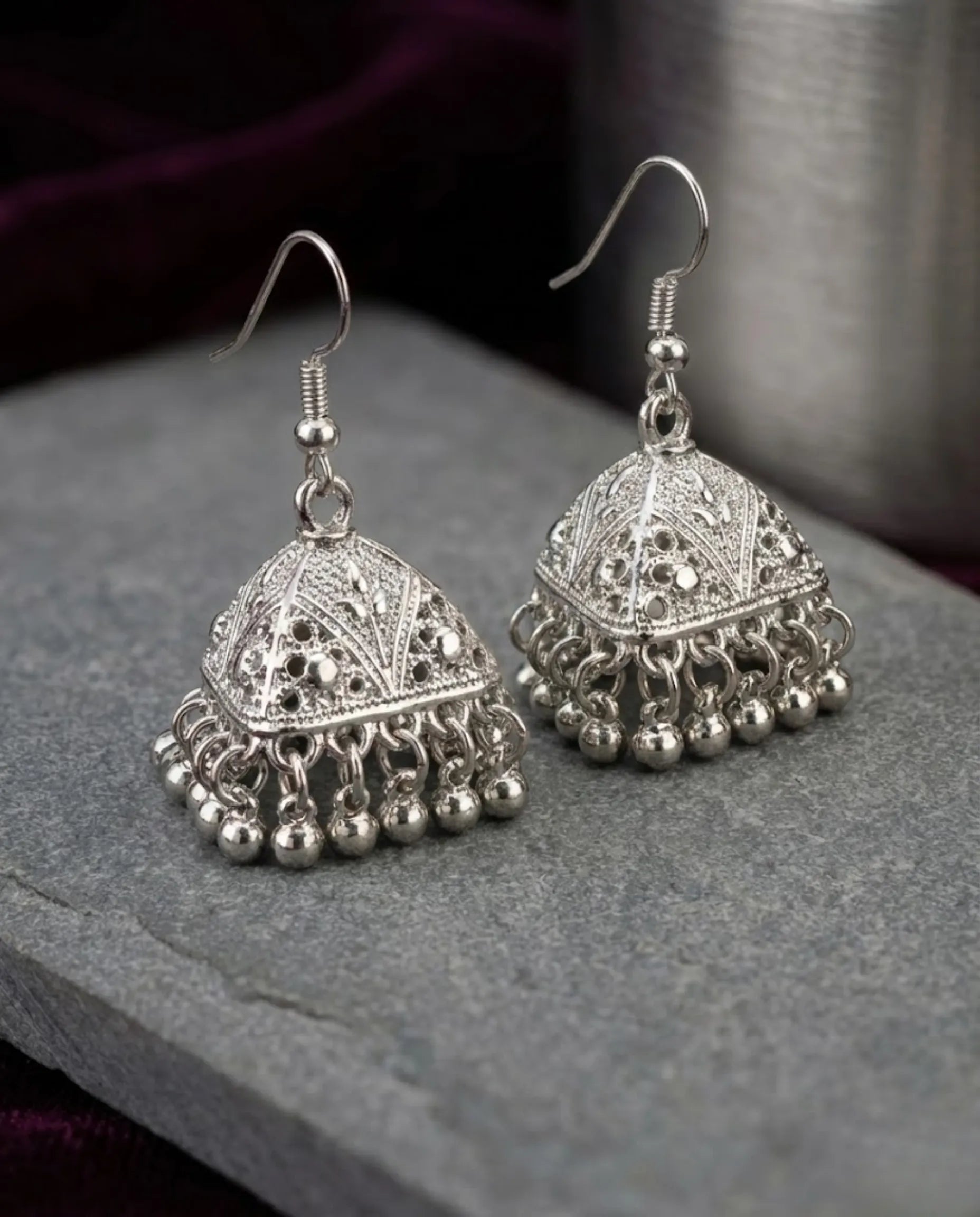 Orneza Silver Oxidized Triangular Filigree Jhumka Earrings