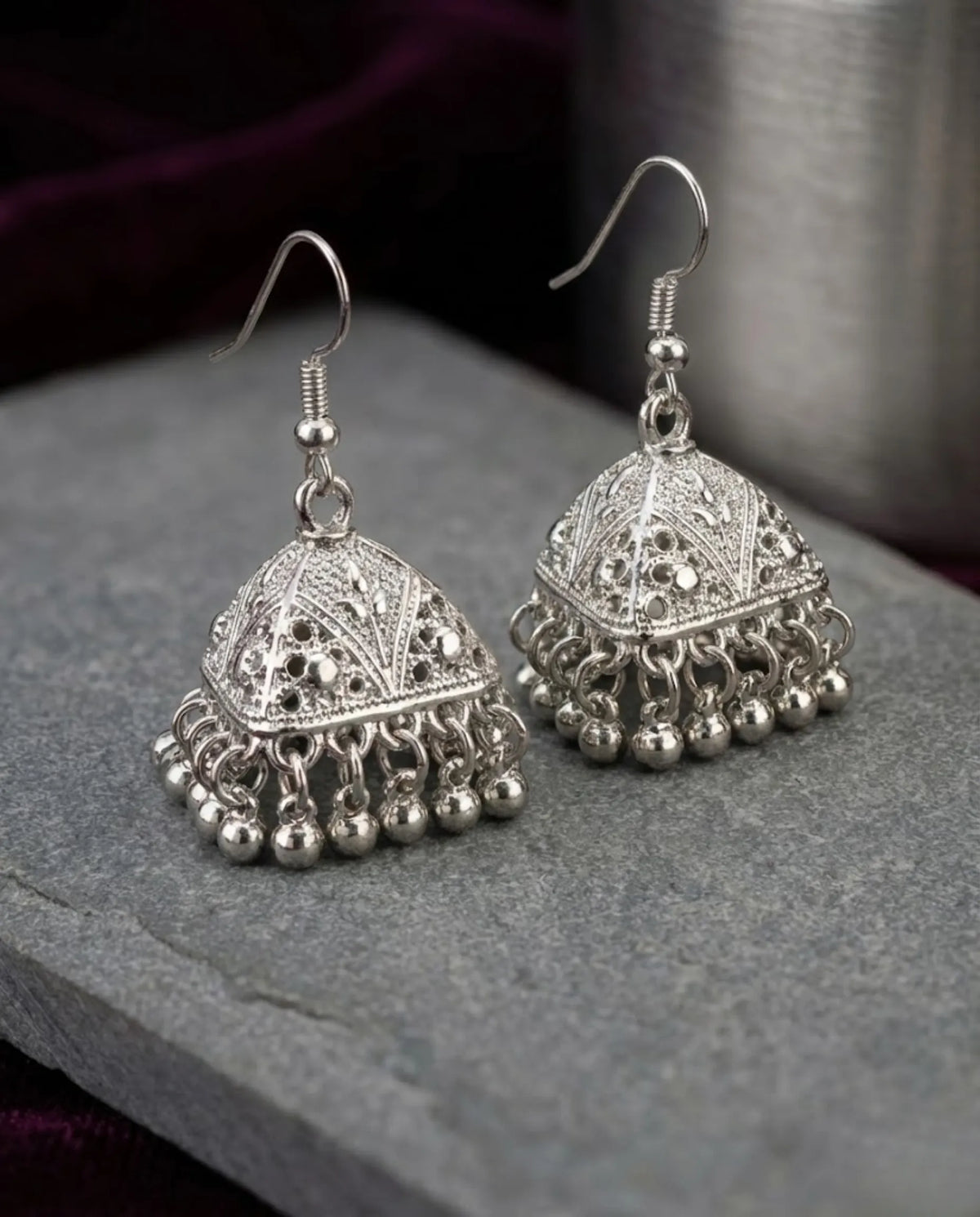 Orneza Silver Oxidized Triangular Filigree Jhumka Earrings