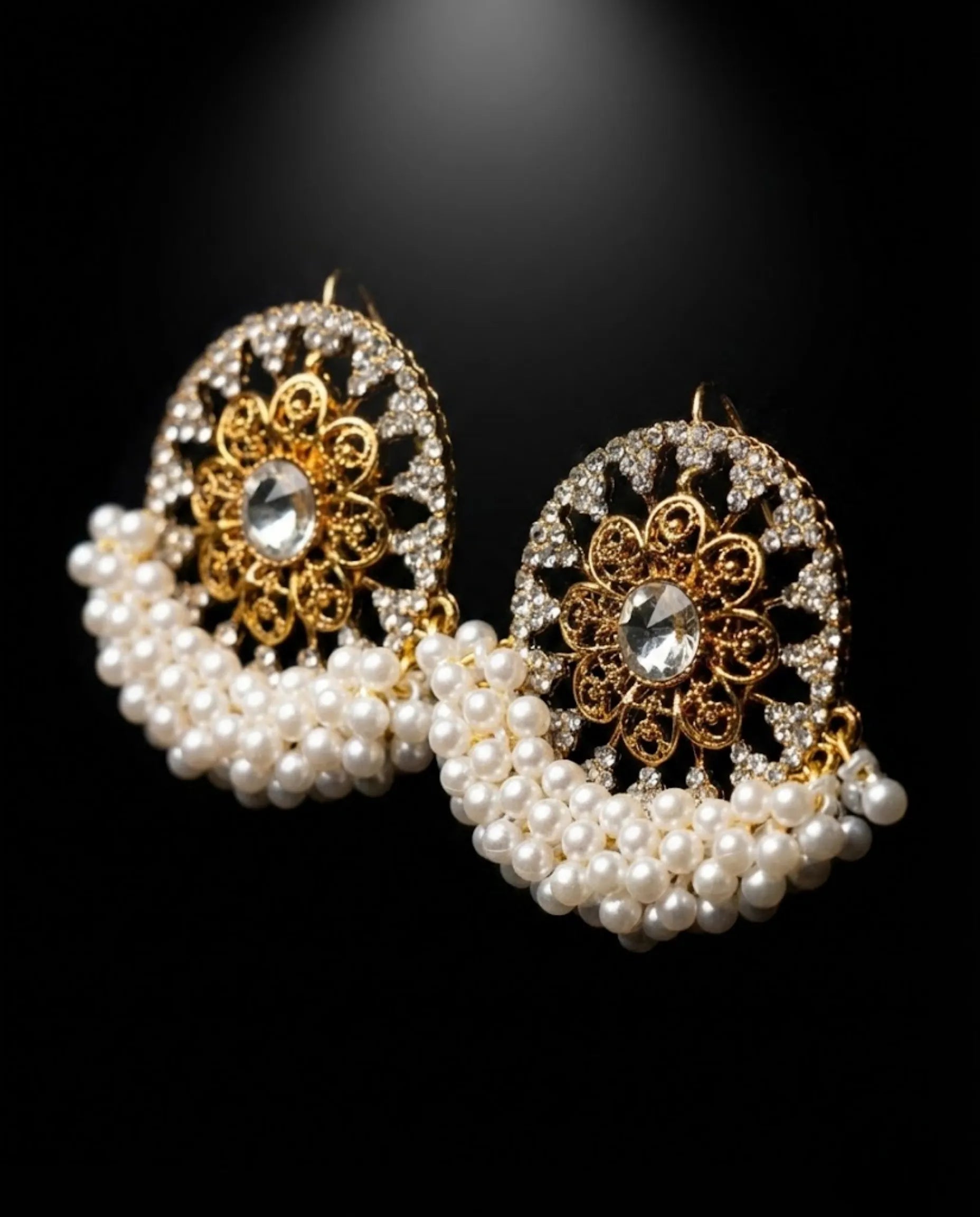 Orneza Pearl Encrusted Gold Chandbali Statement Earrings
