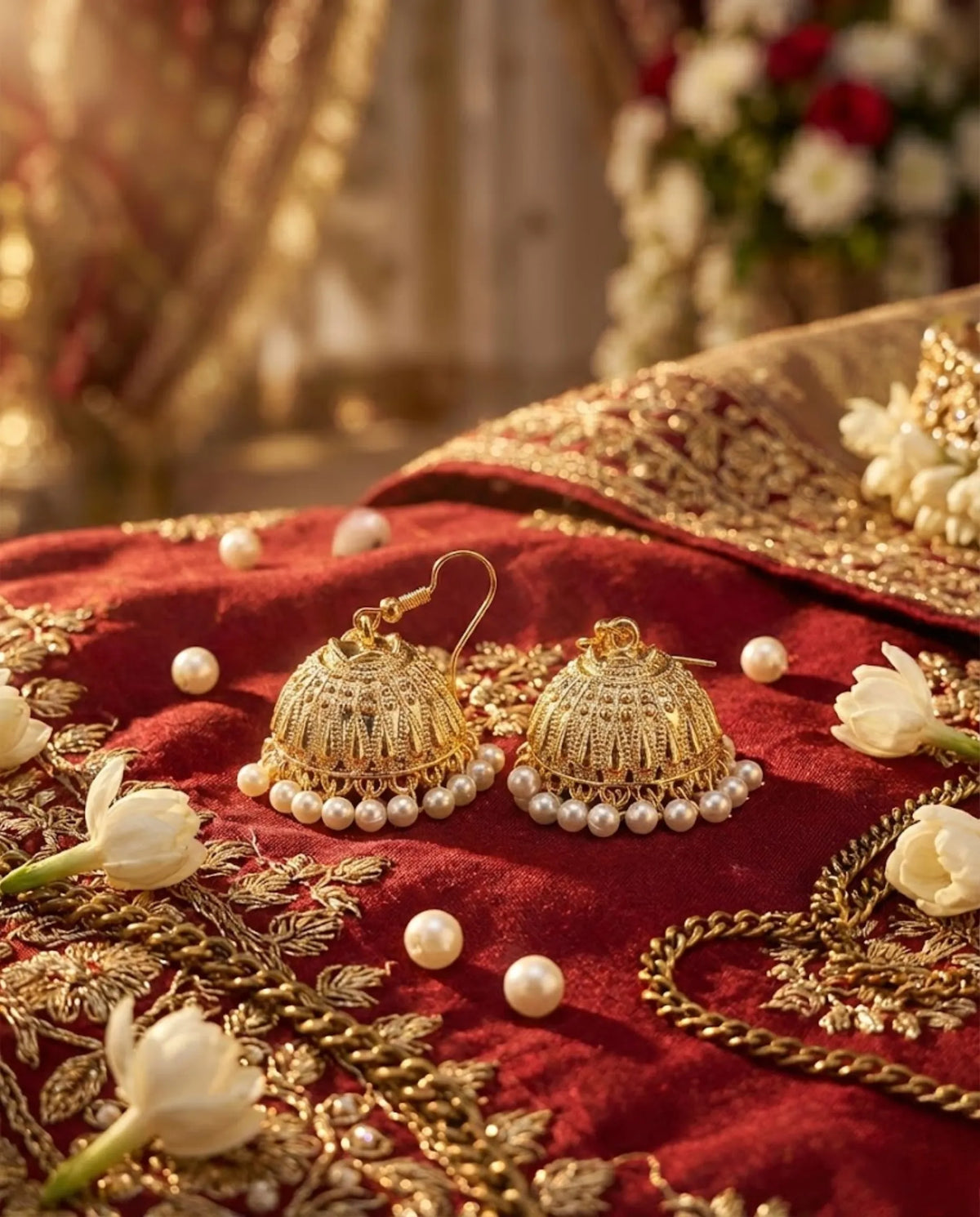 Orneza Gold Plated Square Jhumka Earrings with Ruby Drops