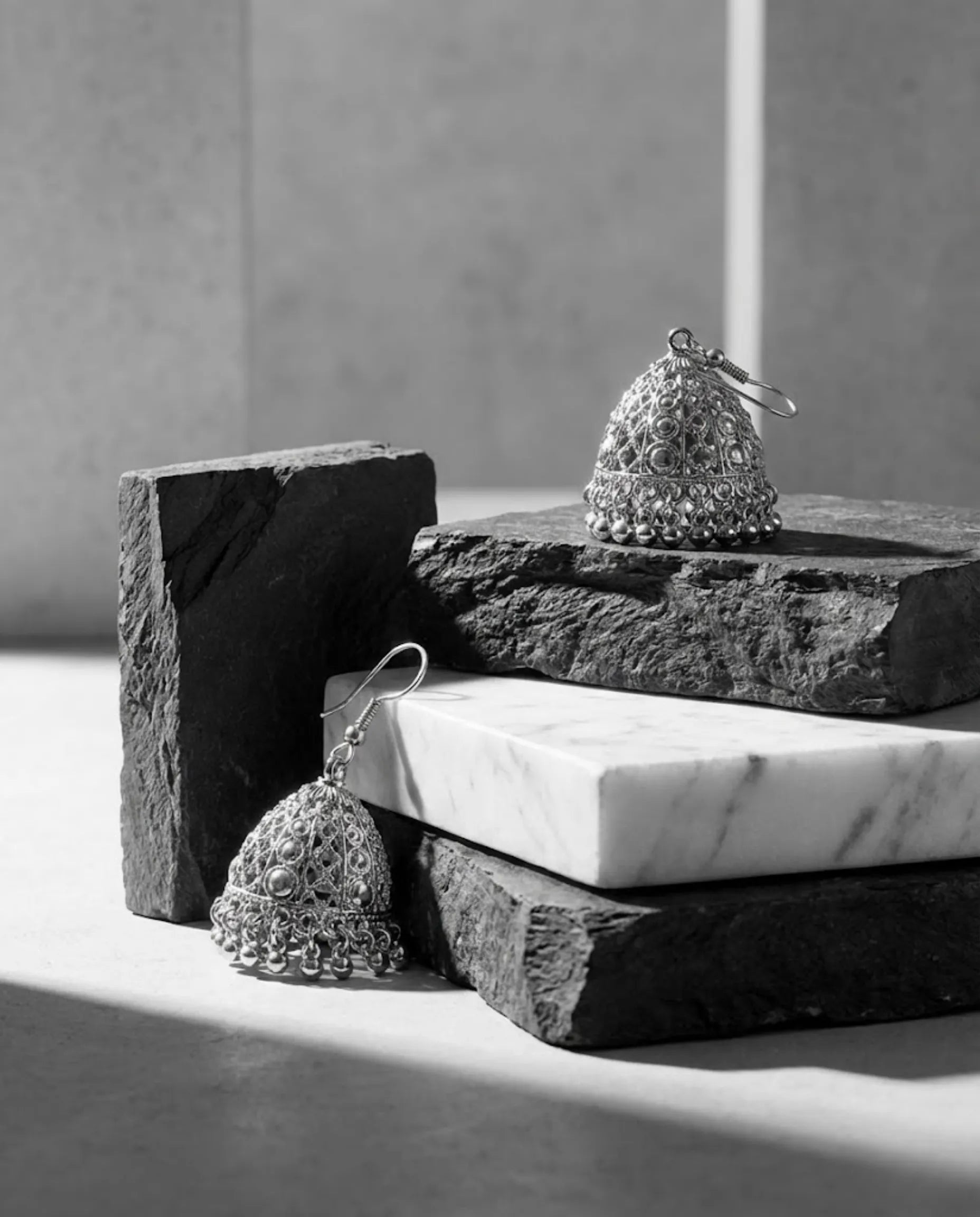 Antique Silver Filigree Jhumka Earrings by Orneza