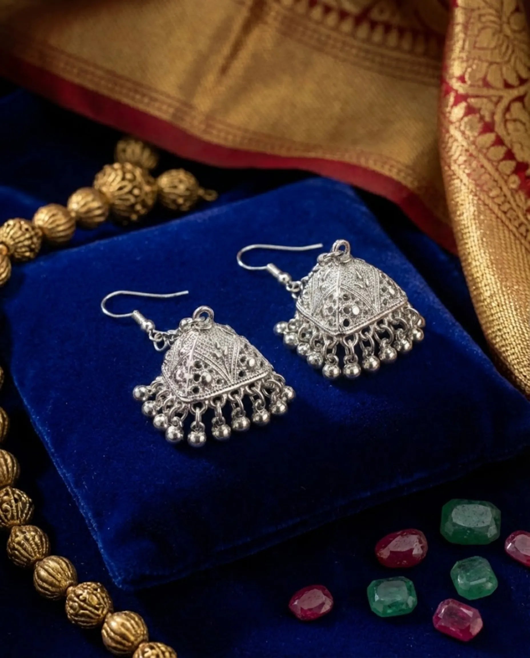 Orneza Silver Oxidized Triangular Filigree Jhumka Earrings
