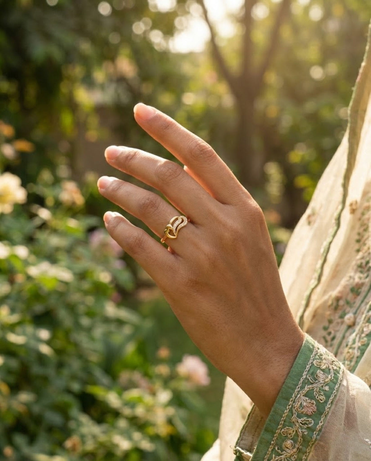 Orneza Gold Twin Heart Zirconia Statement Ring