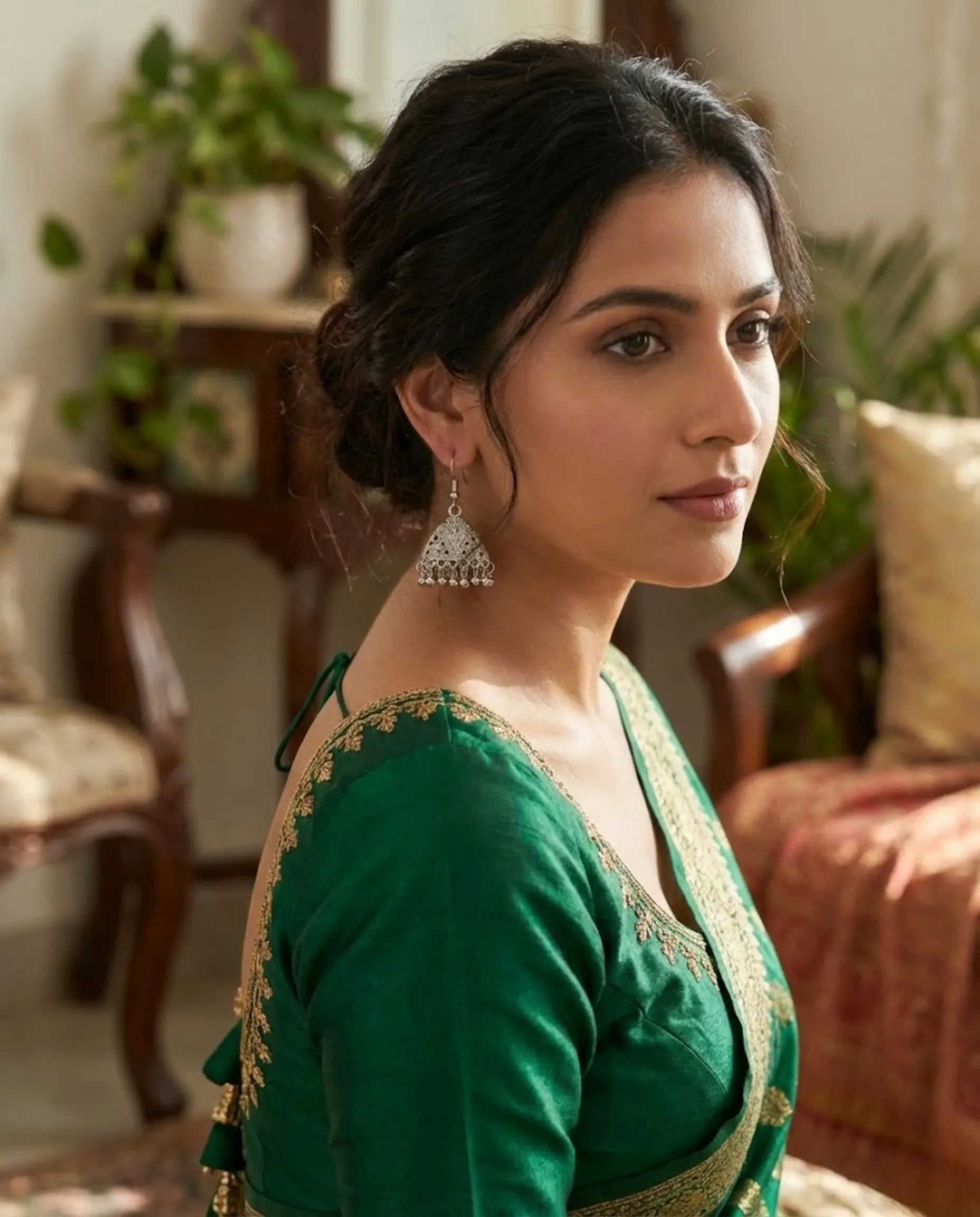 Orneza Silver Oxidized Triangular Filigree Jhumka Earrings