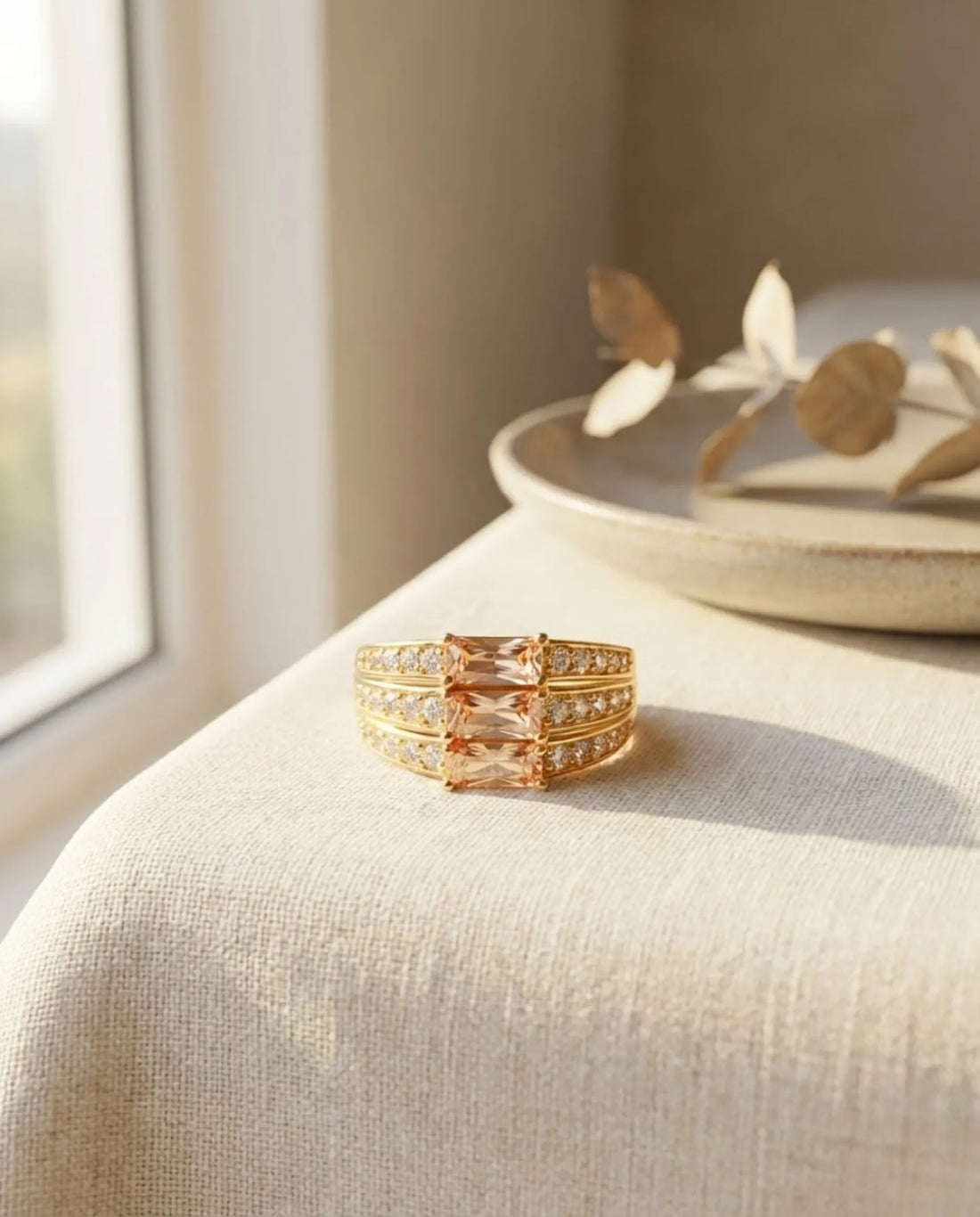 Orneza Honey Topaz Triple Tier Gold Statement Ring