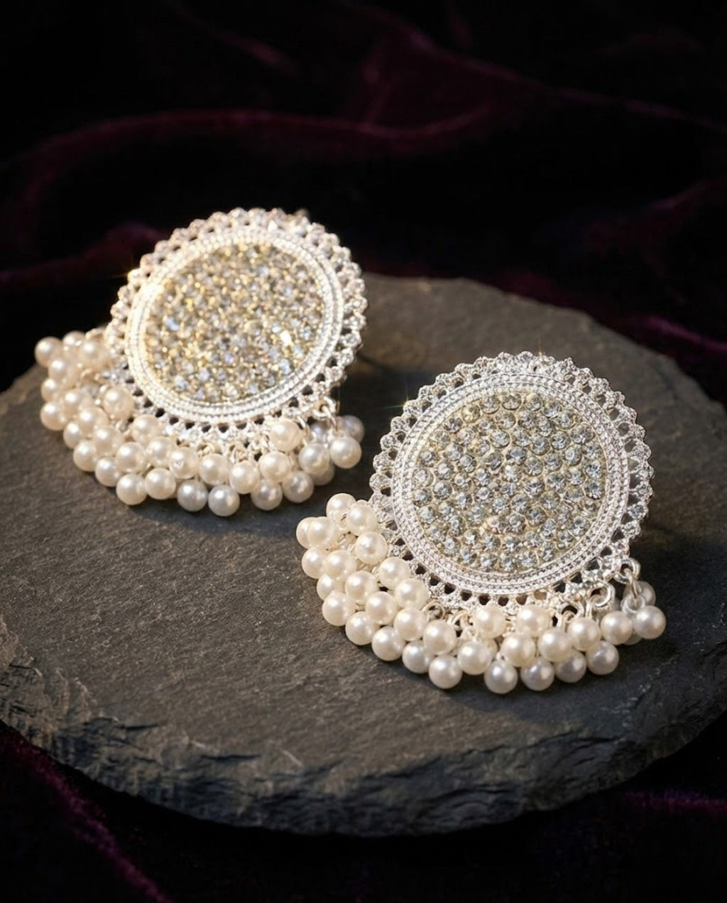 Silver Pearl Stud Earrings with Crystal Chandbali Detail
