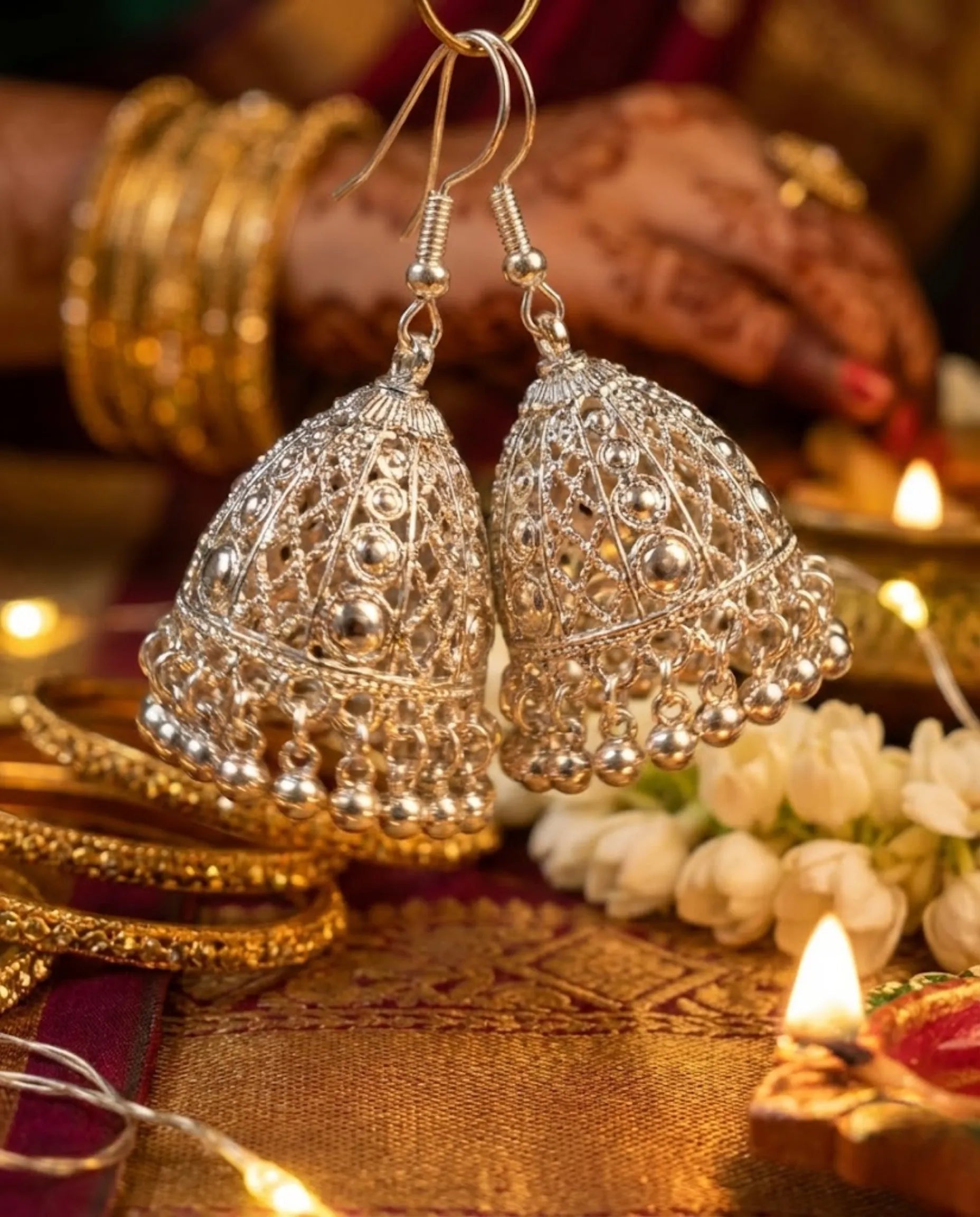 Antique Silver Filigree Jhumka Earrings by Orneza