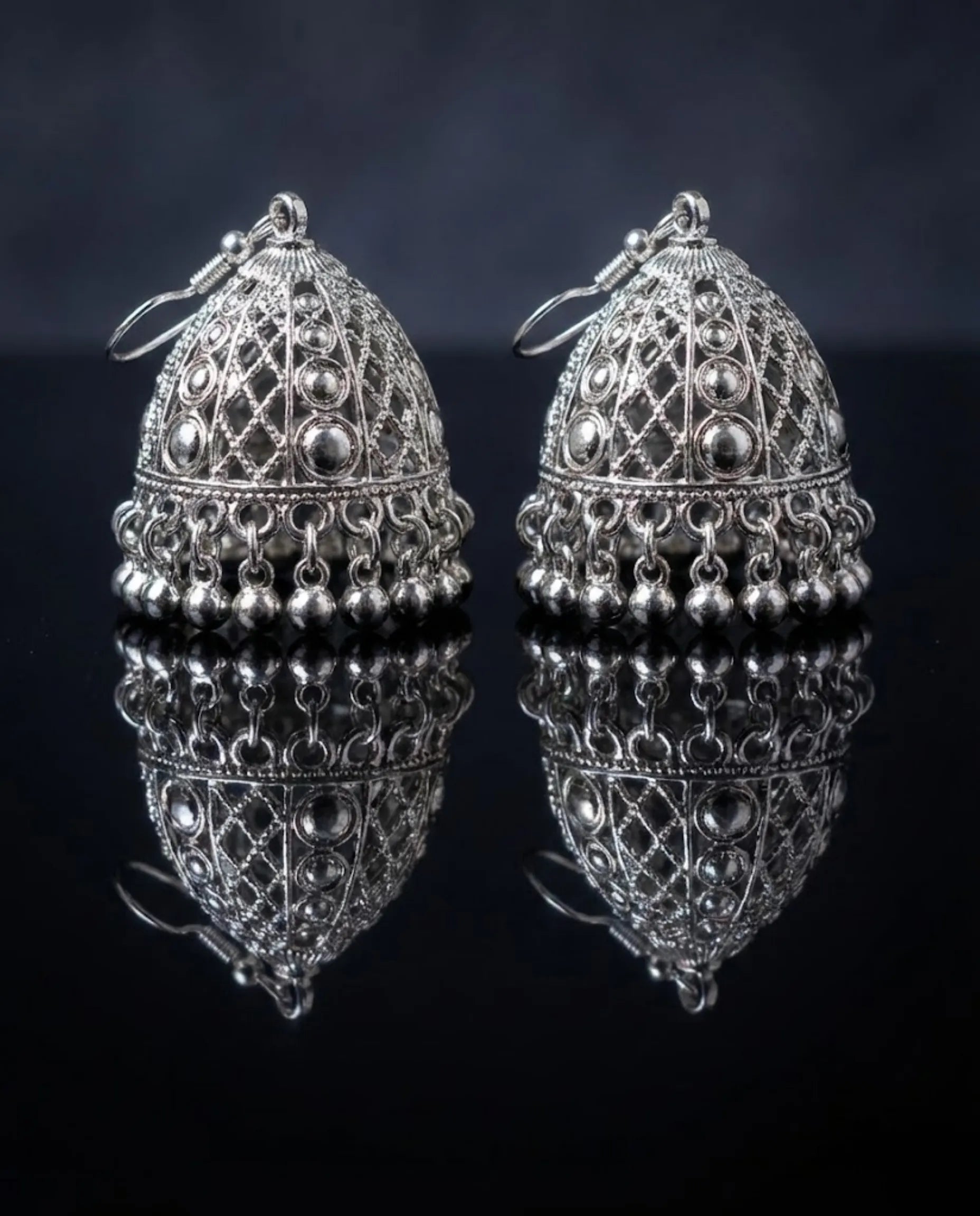 Antique Silver Filigree Jhumka Earrings by Orneza