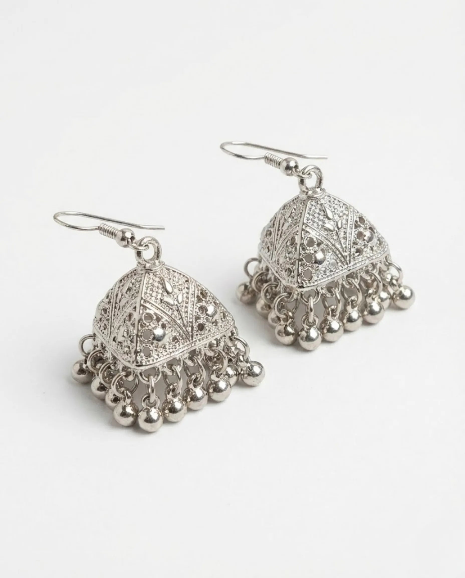 Orneza Silver Oxidized Triangular Filigree Jhumka Earrings