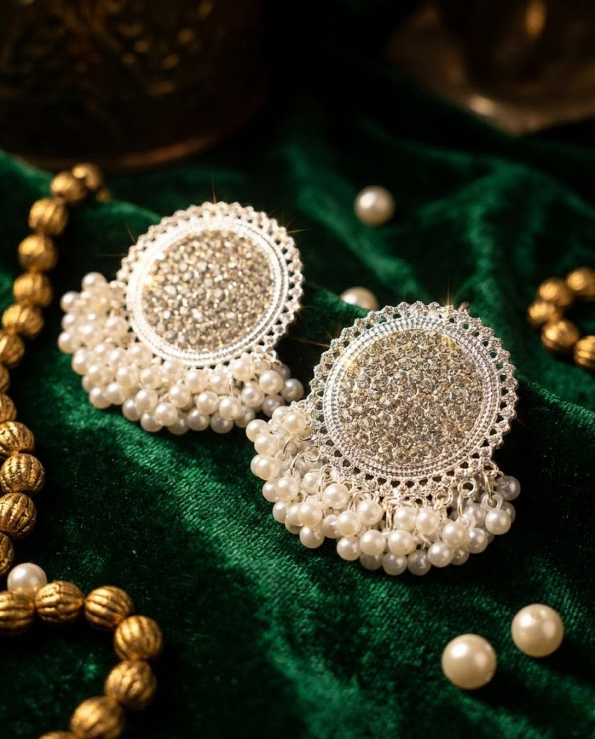 Silver Pearl Stud Earrings with Crystal Chandbali Detail