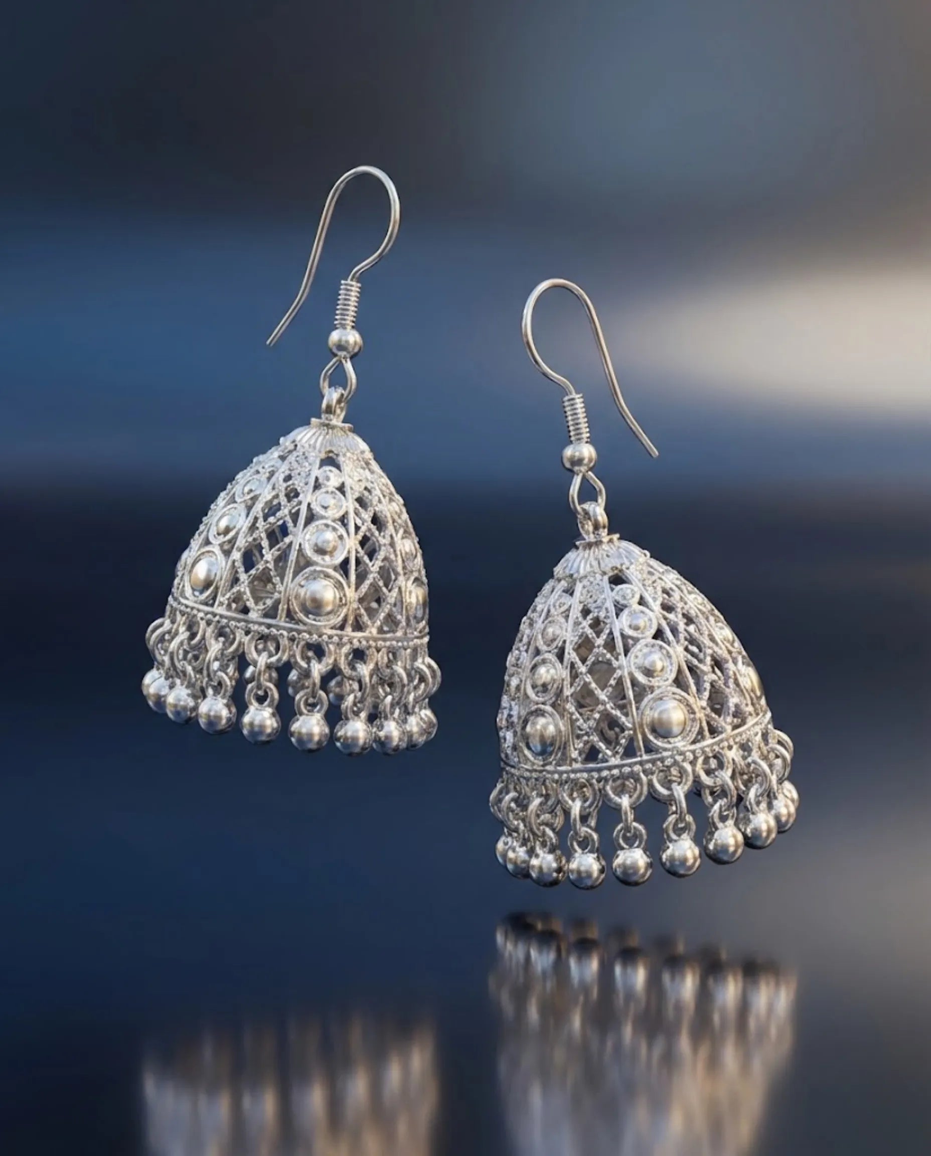 Antique Silver Filigree Jhumka Earrings by Orneza